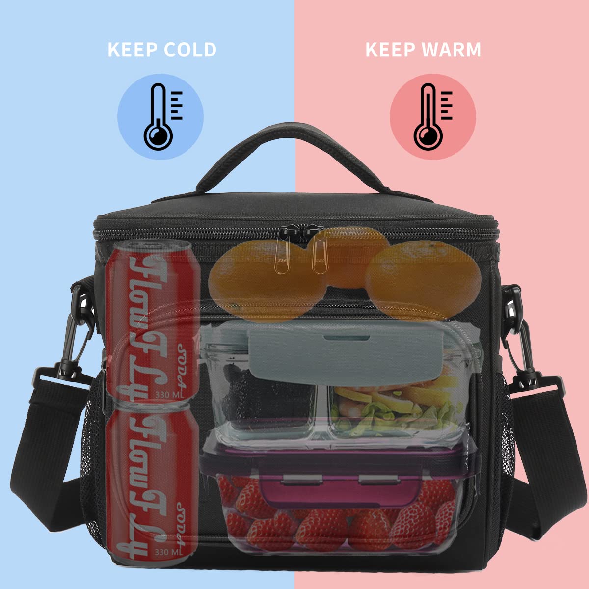FlowFly Insulated Reusable Lunch Bag for Adults - Large Lunch Box with Adjustable Shoulder Strap, Front Zipper Pocket & Dual Mesh Side Pockets - Perfect for Work, School, Picnics & Outdoor Activities (Black)