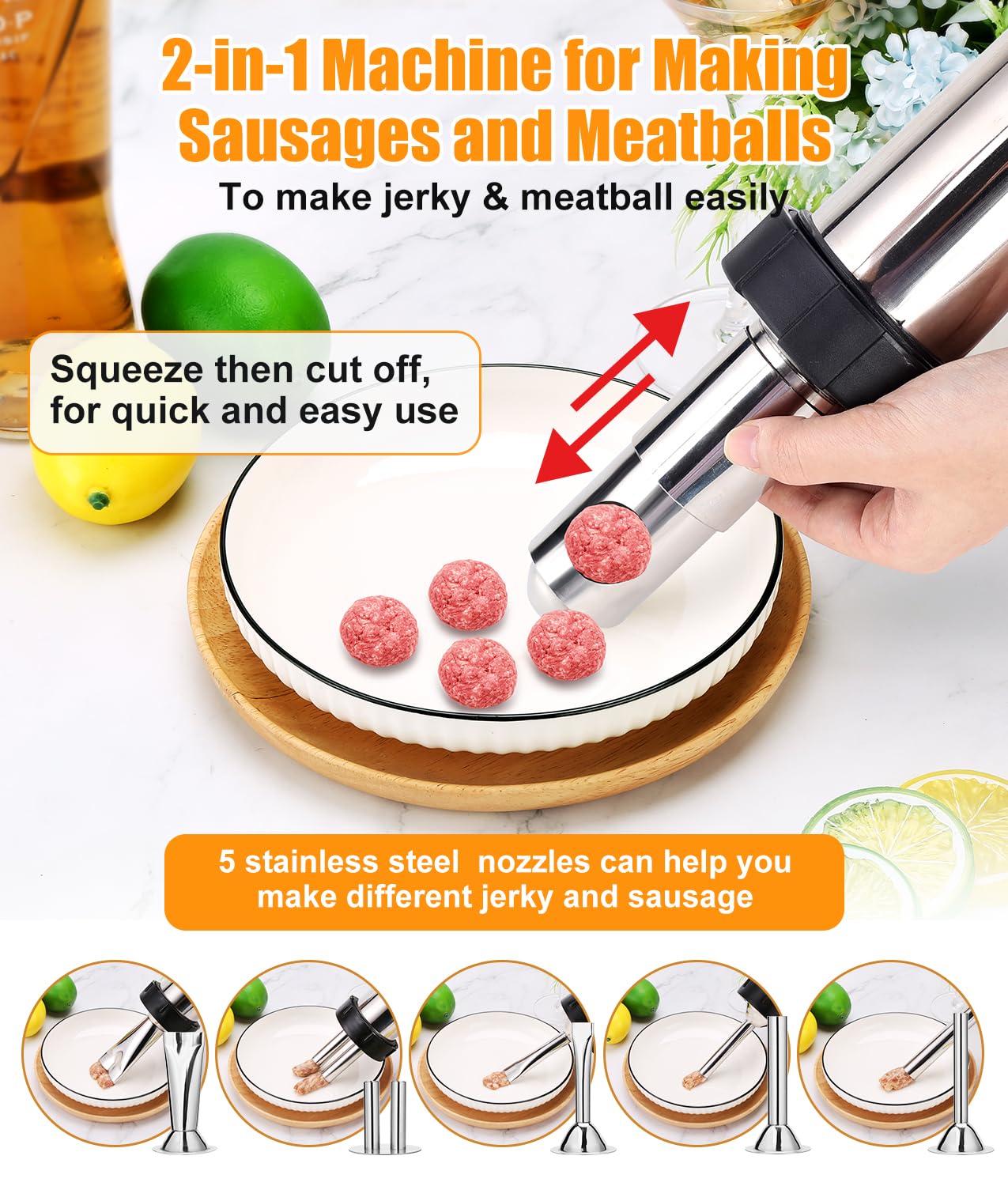Premium Jerky Gun Kit - 2.5 LB Stainless Steel Sausage Stuffer with 6 Nozzles | Meatball & Jerky Maker Gun | Includes 2 Cleaning Brushes & Stomper | Perfect for Homemade Snacks, Camping & Meal Prep