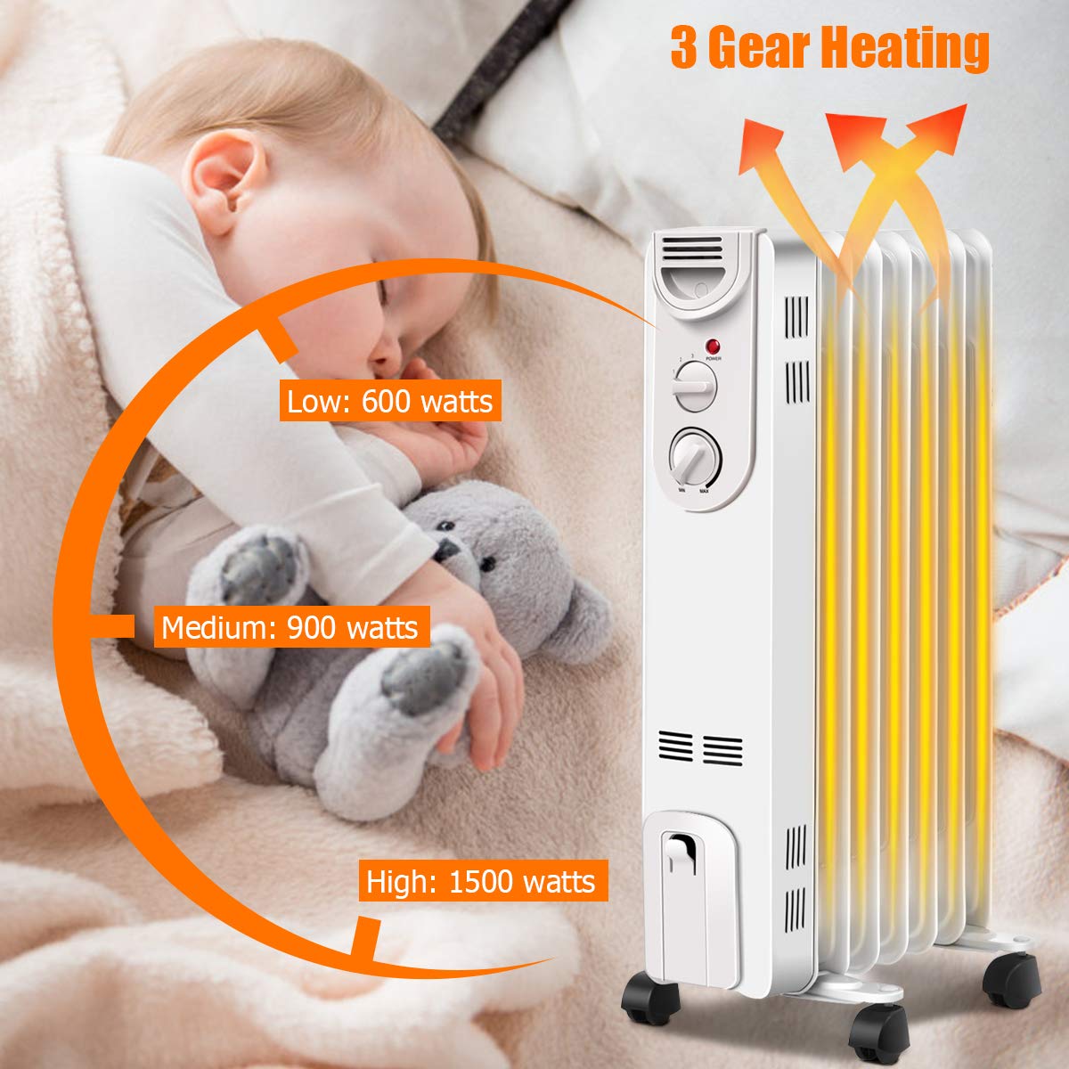 ARLIME 1500W Oil Filled Radiator Heater with Adjustable Thermostat - Portable Space Heater with 3 Heat Settings, Overheat & Tip-Over Protection - Energy Efficient Electric Heater for Home, Office, Bedroom & Living Room - Perfect for Winter Warmth & Indoor Comfort