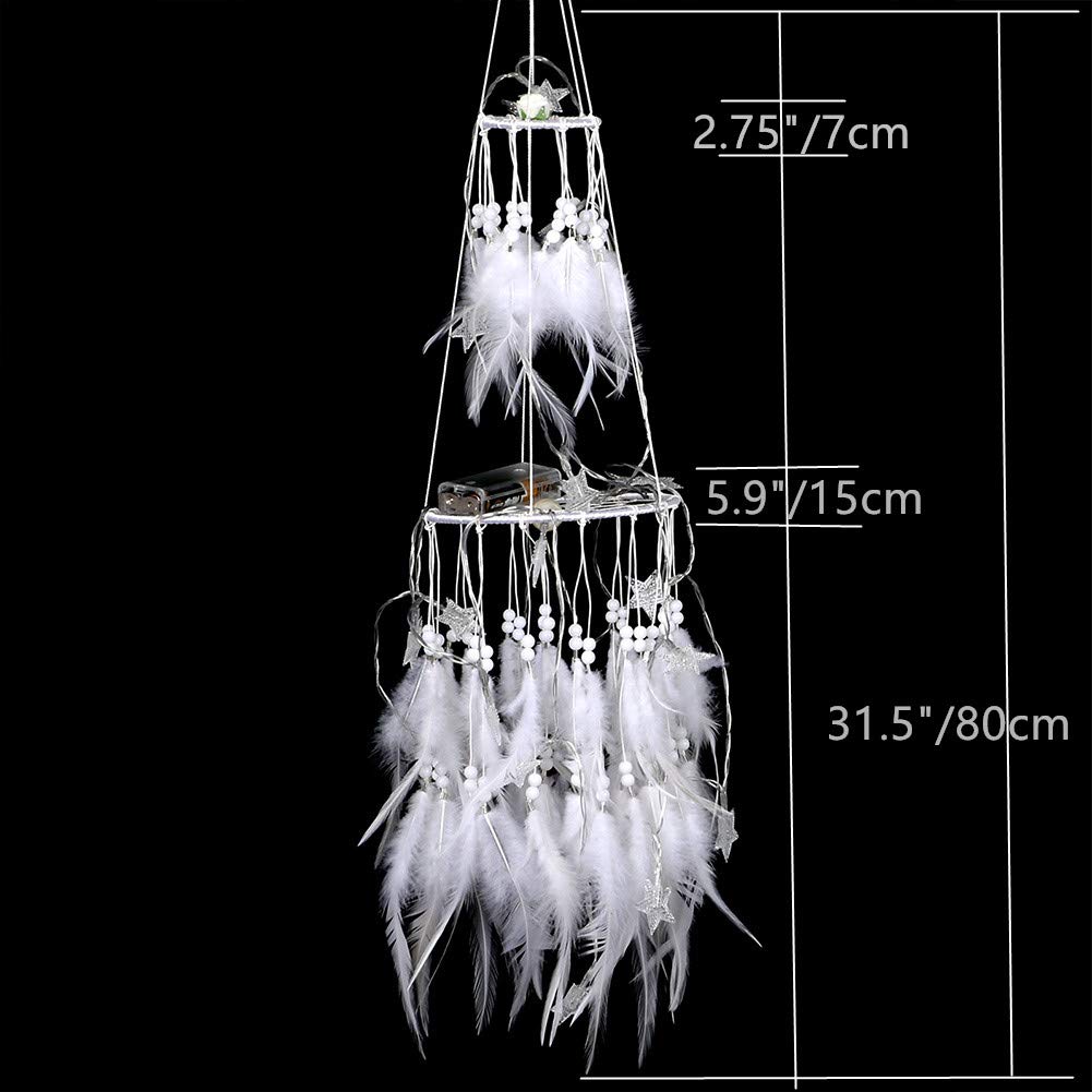 Dremisland Double Circle White Feather Dream Catcher with LED Fairy Lights - Boho Wall Hanging Decor for Bedroom, Nursery, Wedding & Party | Mobile Ceiling Ornament, Home Decoration, Gift Idea