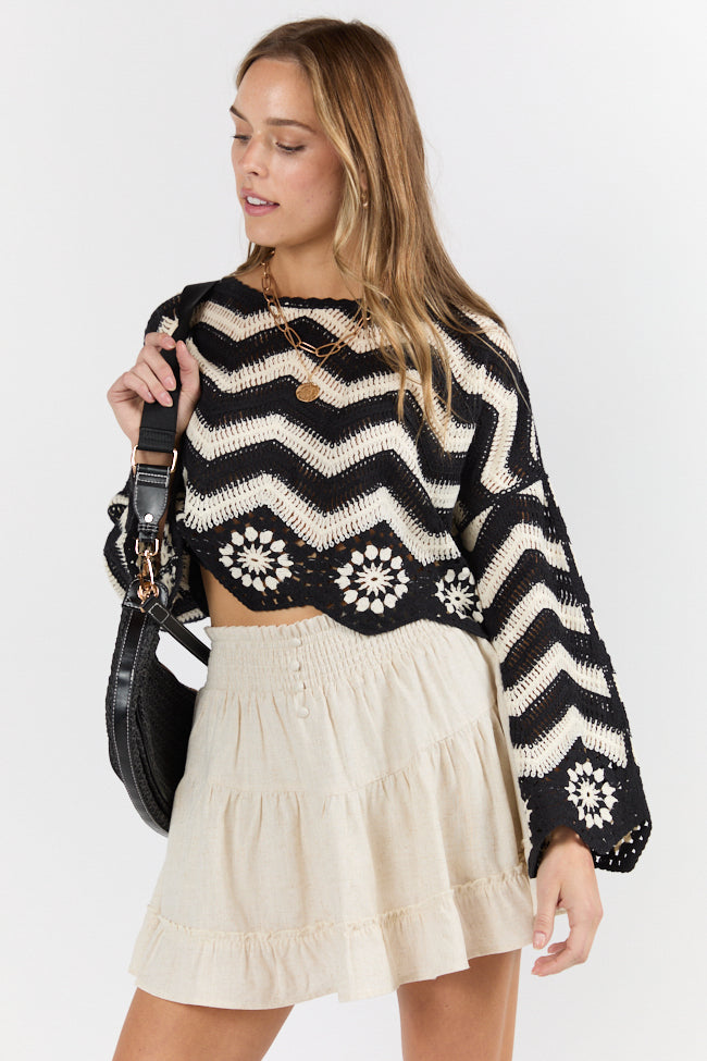 Saltwater Nights Black and Ivory Crochet Sweater for Women | Boho Beach Cover Up | Perfect for Summer Evenings & Vacation Outfits