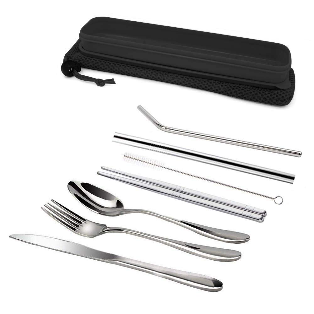 7-Piece Stainless Steel Travel Cutlery Set - Fork, Knife, Spoon, Chopsticks with Case | Portable Dining for Camping & Picnics