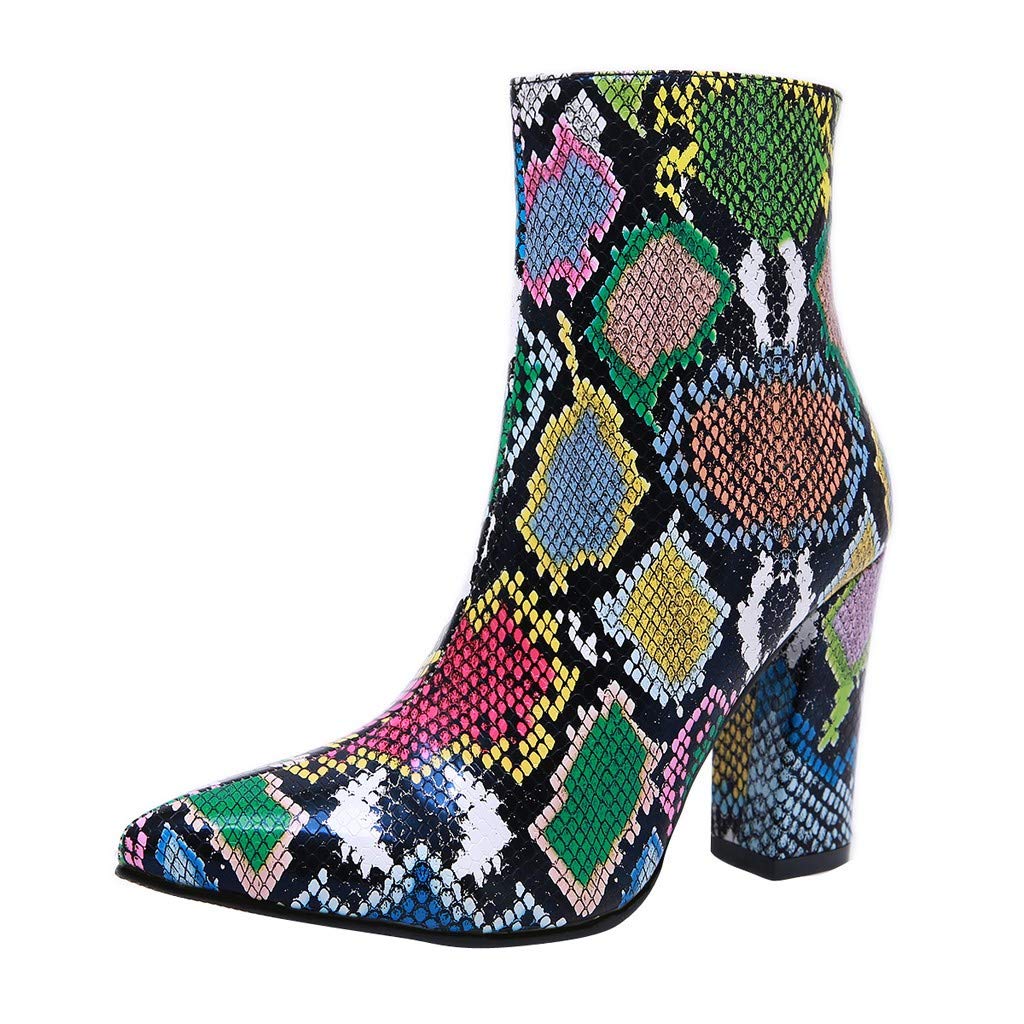 Vedolay Women's Winter Boots - Wild Multicolor Snake Pattern Thick Heel Booties, Sexy High Heel Ankle Boots for Women | Perfect for Party, Night Out & Cold Weather Fashion