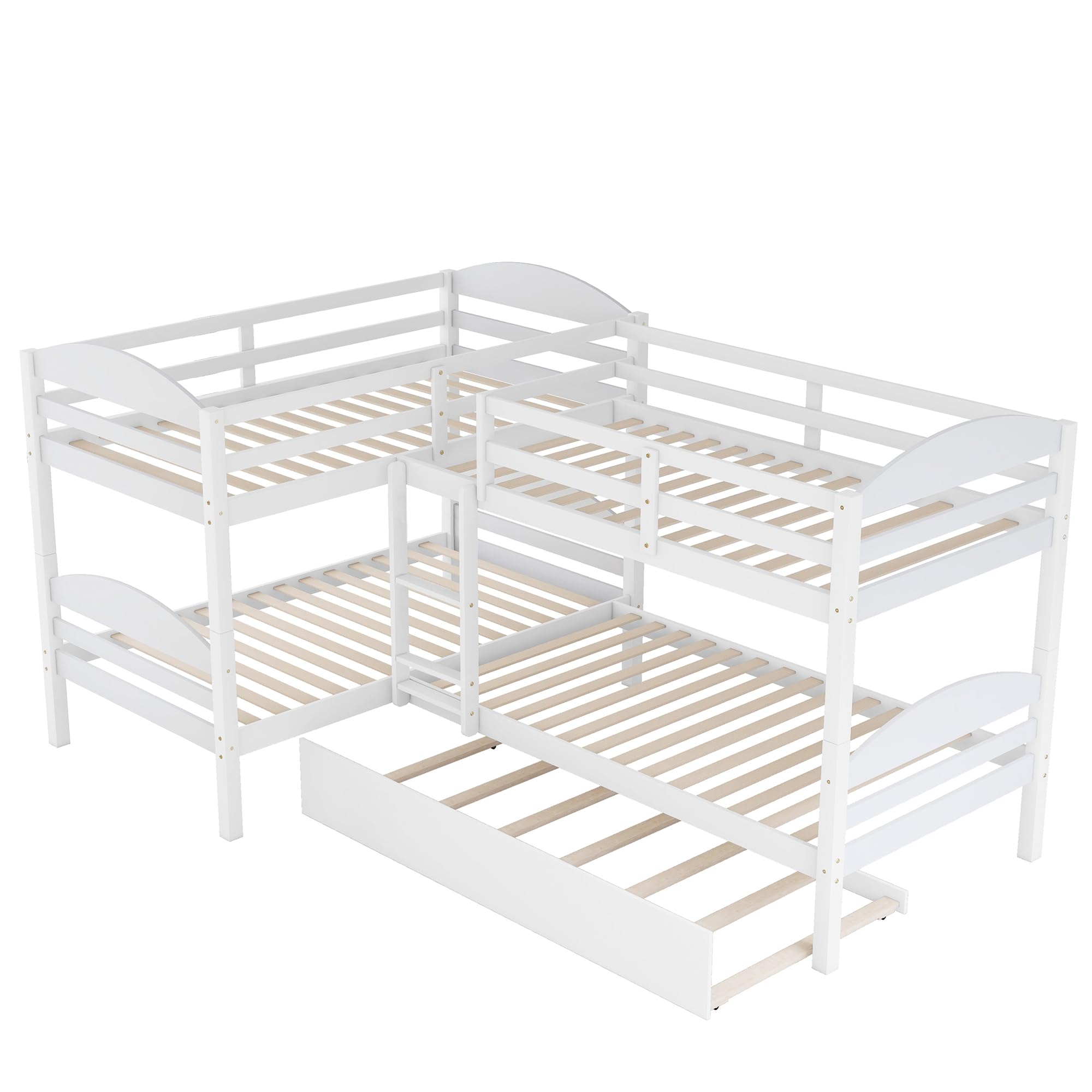 P PURLOVE Twin Bunk Bed L-Shaped Bunk Bed Frame with Twin Trundle Bed - No Box Spring Needed - Sturdy Metal Frame - Space Saving Kids Bedroom Furniture - Perfect for Small Rooms, Guest Rooms & Vacation Homes (White)