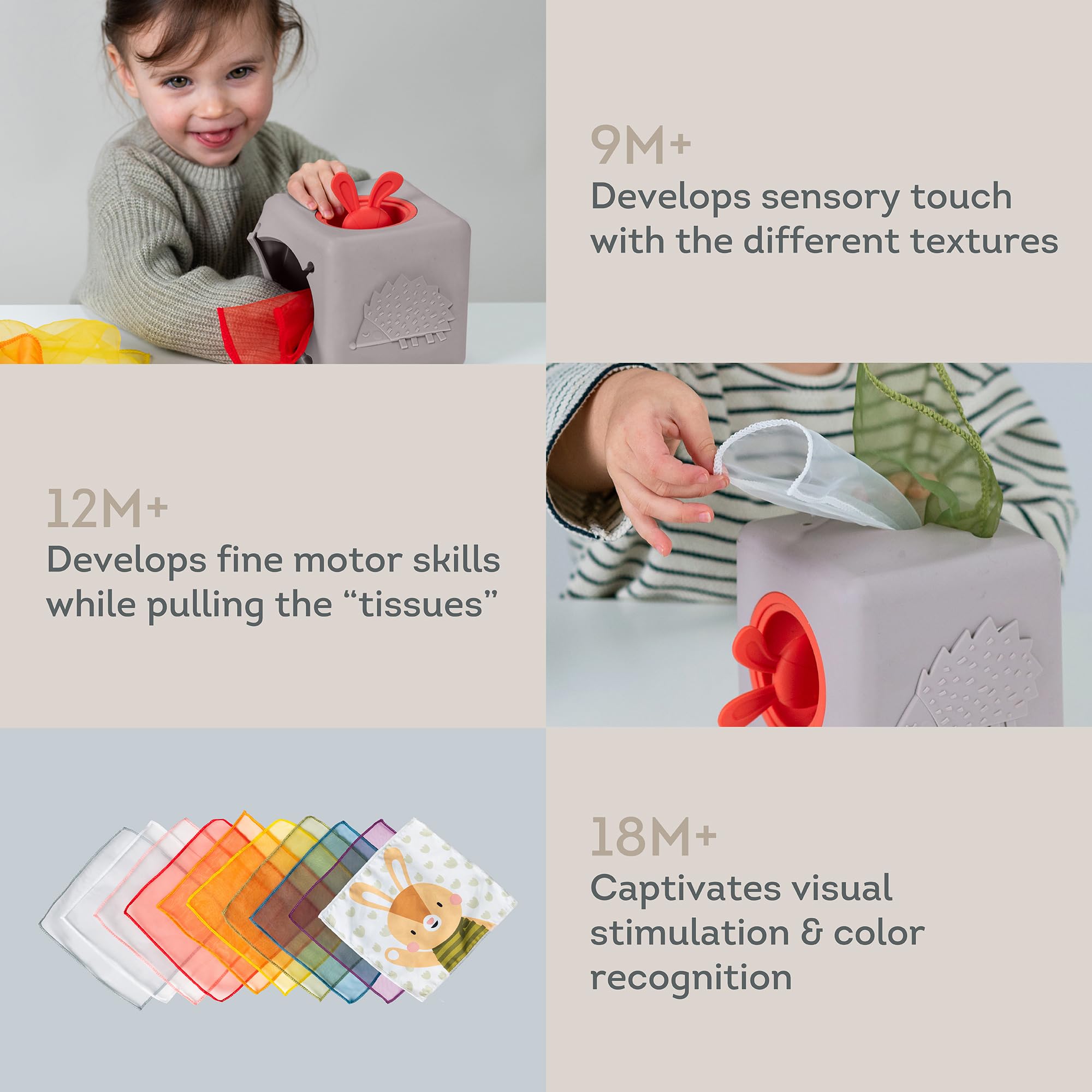 Taf Toys Baby Tissue Box - Montessori Sensory & Motor Skills Development Toy for 1 Year Old Boys & Girls | Includes 10 Fabric Tissues & Pop-Up Bunny | Perfect for Preschool Learning, Teething Relief & Independent Play