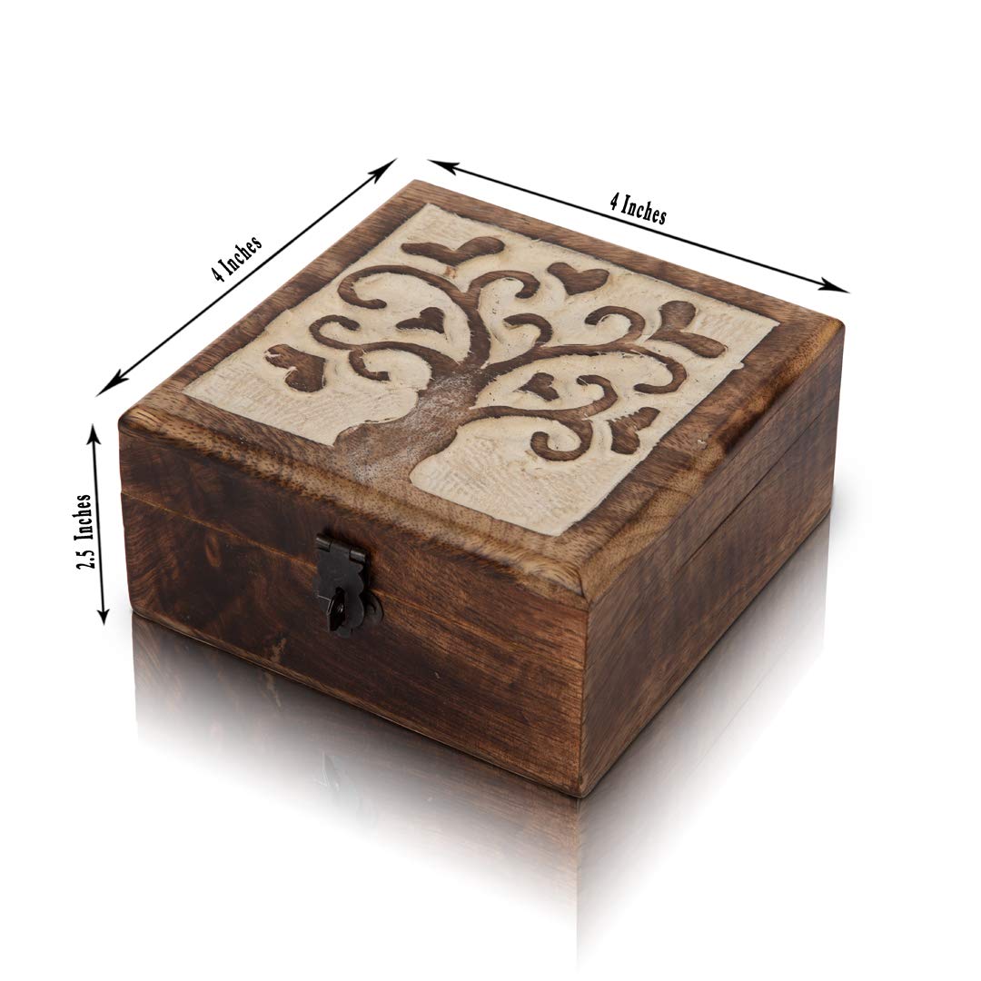 Handmade Wooden Jewelry Box with Tree of Life Carving - Lockable Keepsake Storage Organizer for Necklaces, Rings & Watches - Perfect Birthday Gift, Anniversary Present & Home Decor Jewelry Chest