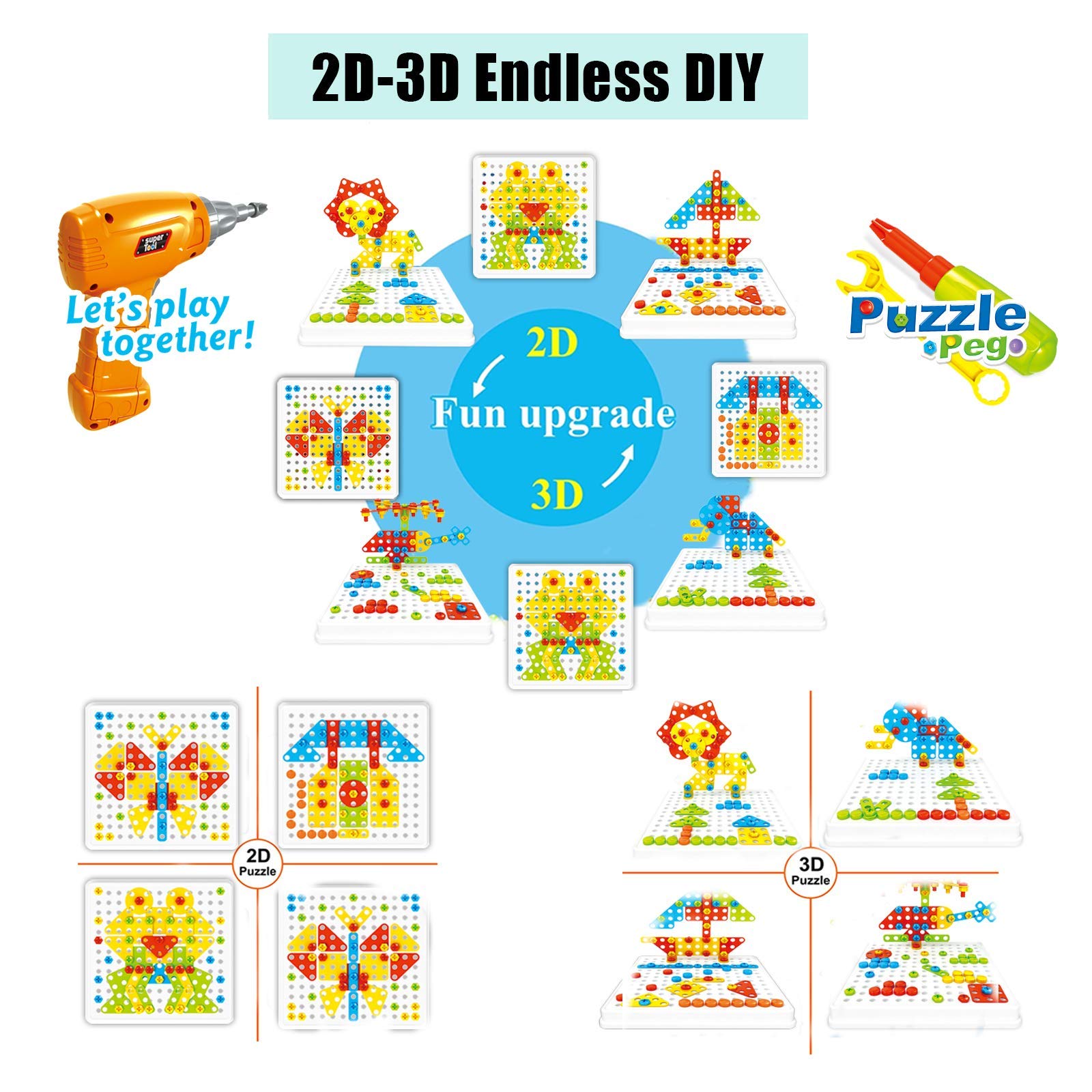 261 Pcs STEM Building Toys for Kids Ages 3-8 - 2 in 1 Educational Drill Puzzle & Button Art Set with Electric Toy Drill - Creative Learning Toys for Boys & Girls - Perfect for Classroom, Birthday Gifts & Family Bonding Activities
