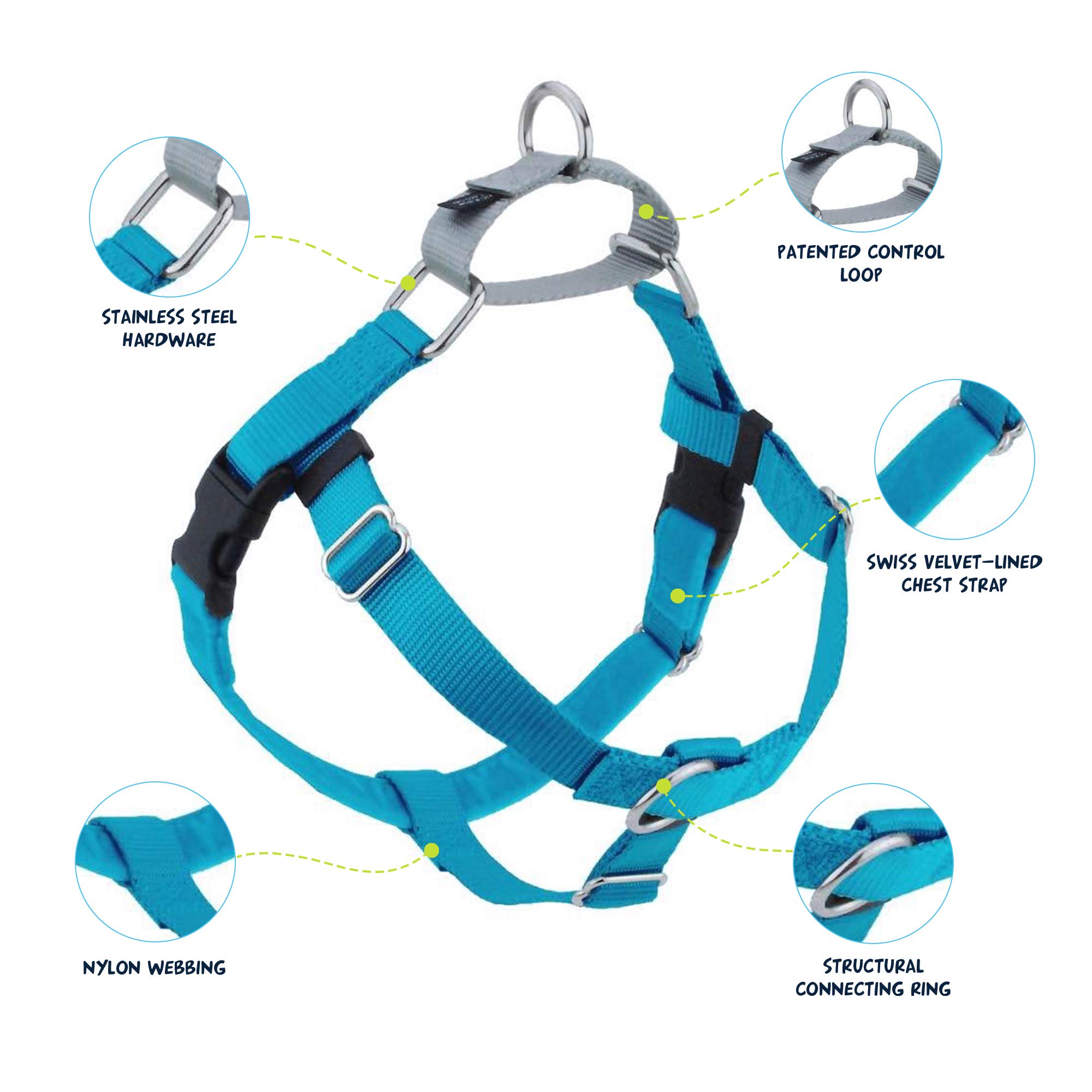 2 Hounds Design Freedom No Pull Dog Harness - Adjustable Pet Harness & Leash Set for Small, Medium & Large Dogs | Comfortable & Easy Walking Control | USA Made Turquoise XS (5/8