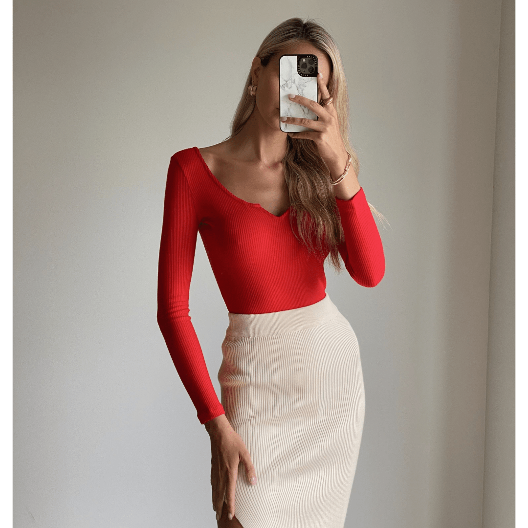 ADRIANA Women's Red Long Sleeve Bodycon Bodysuit - Sexy Fitted Stretchy One Piece for Clubwear, Date Night & Layering