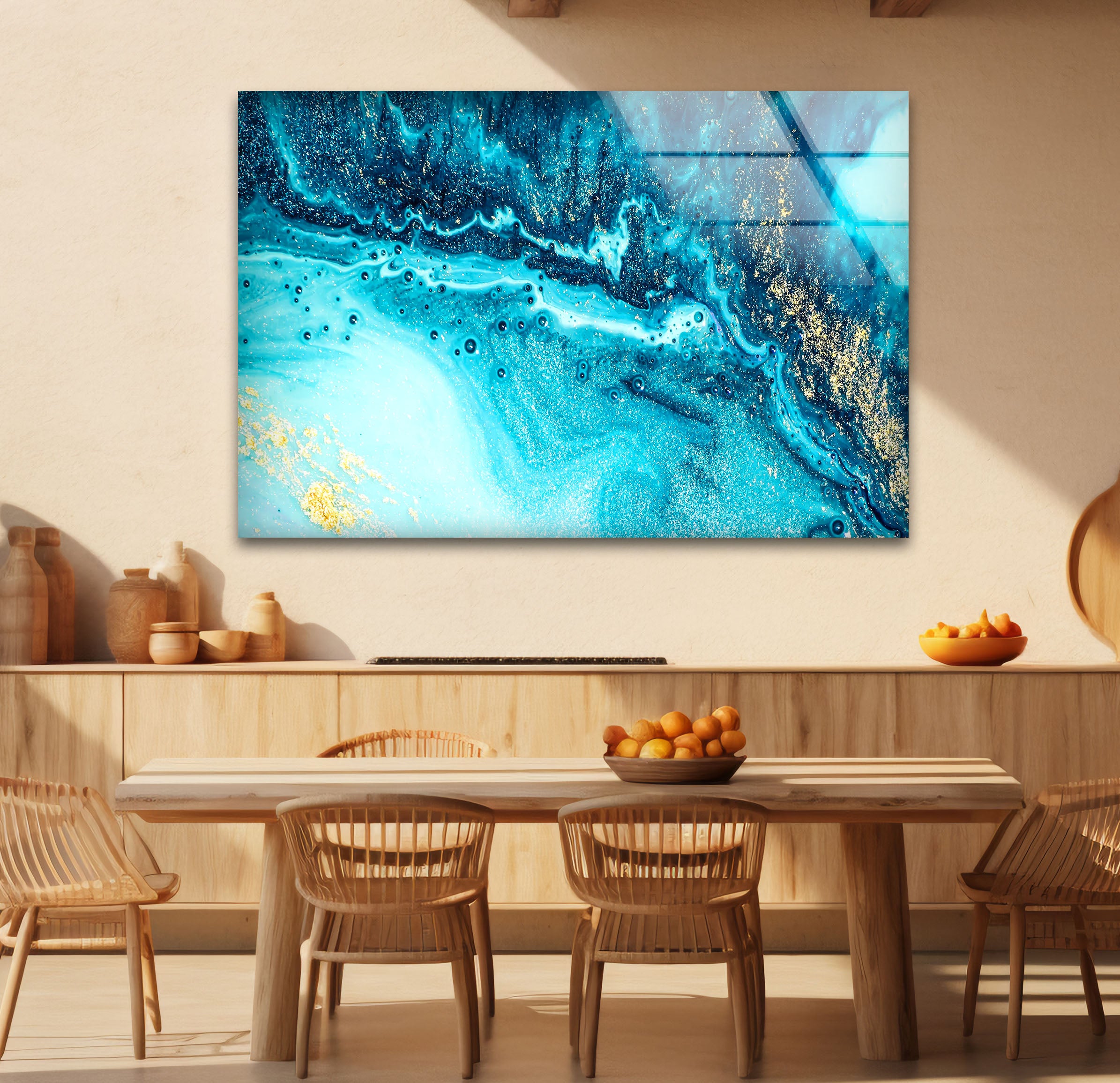 Blue and Gold Abstract Wall Art - Ocean Inspired Glass Print Design for Living Room, Bedroom & Office Decor | Modern Coastal Home Decor