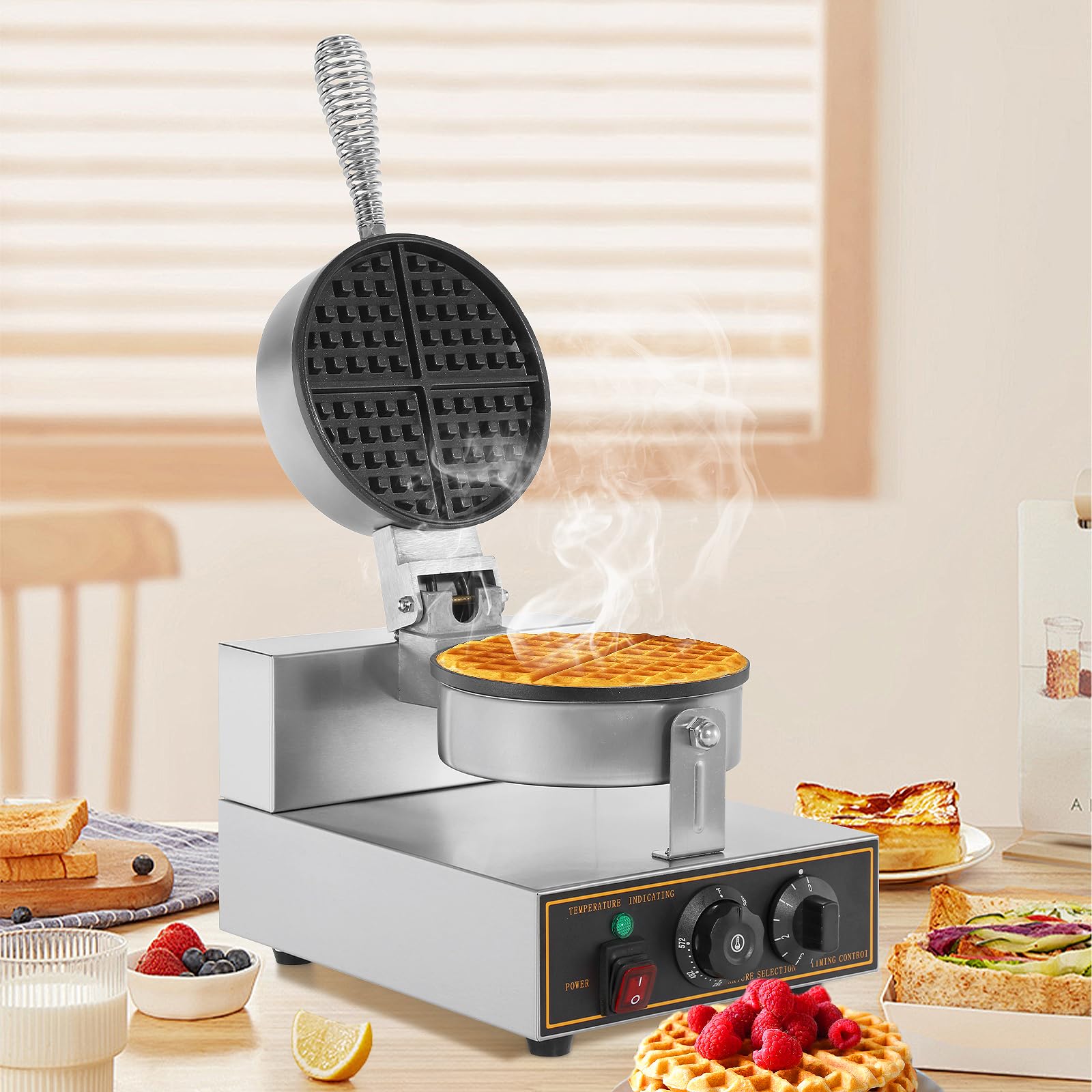 WICHEMI Commercial Round Waffle Maker - 1200W Electric Stainless Steel Waffle Iron with Non-Stick Surface for Bakery, Restaurant, Snack Bar or Home Use (110V, Single Head) - Perfect for Breakfast, Brunch, and Dessert Preparation