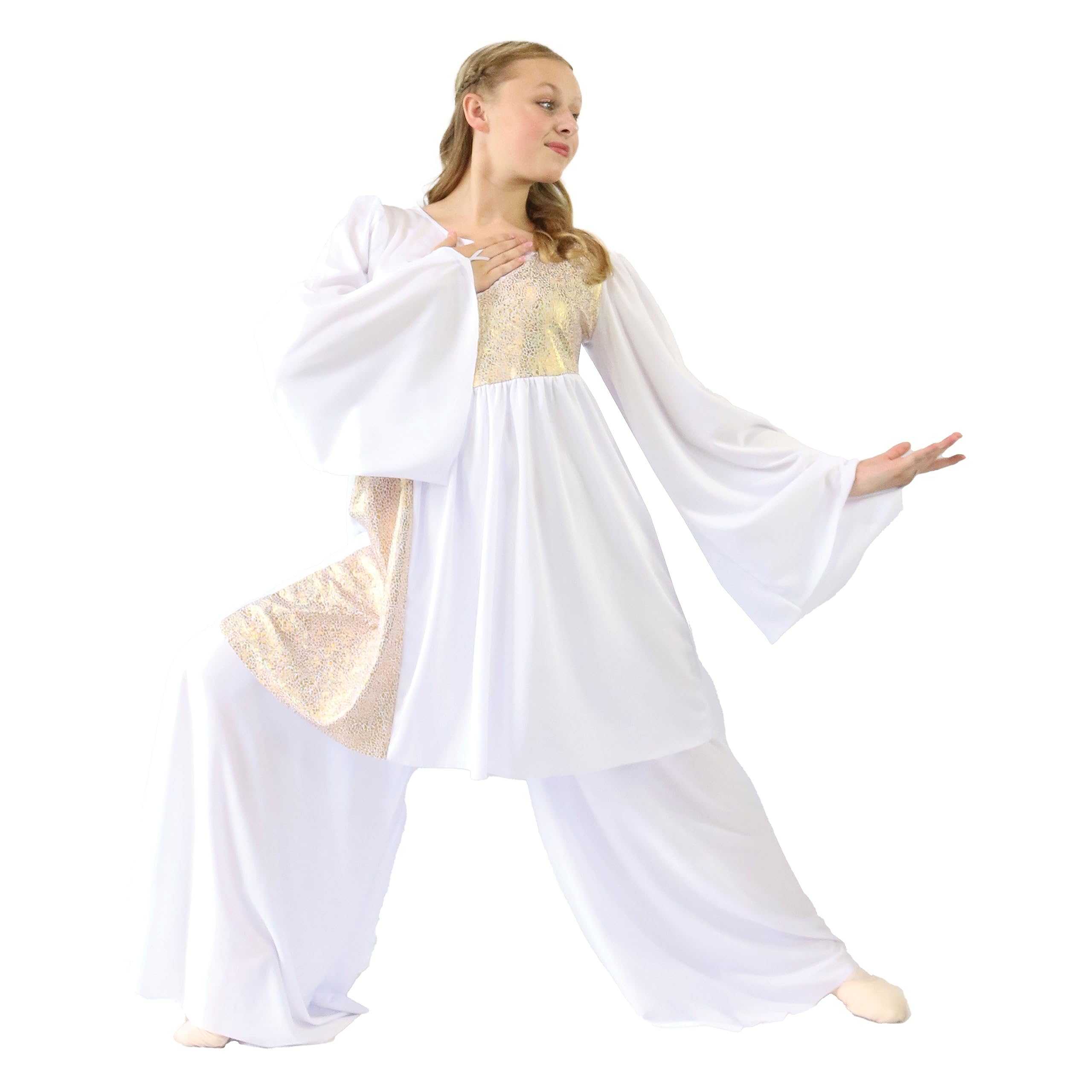 Shimmery Asymmetrical Praise Dance Tunic for Women with Bell Sleeves | Worship Dance Costume | Church Performance Outfit | Perfect for Gospel Choir, Sunday Service & Christian Dance Ministry