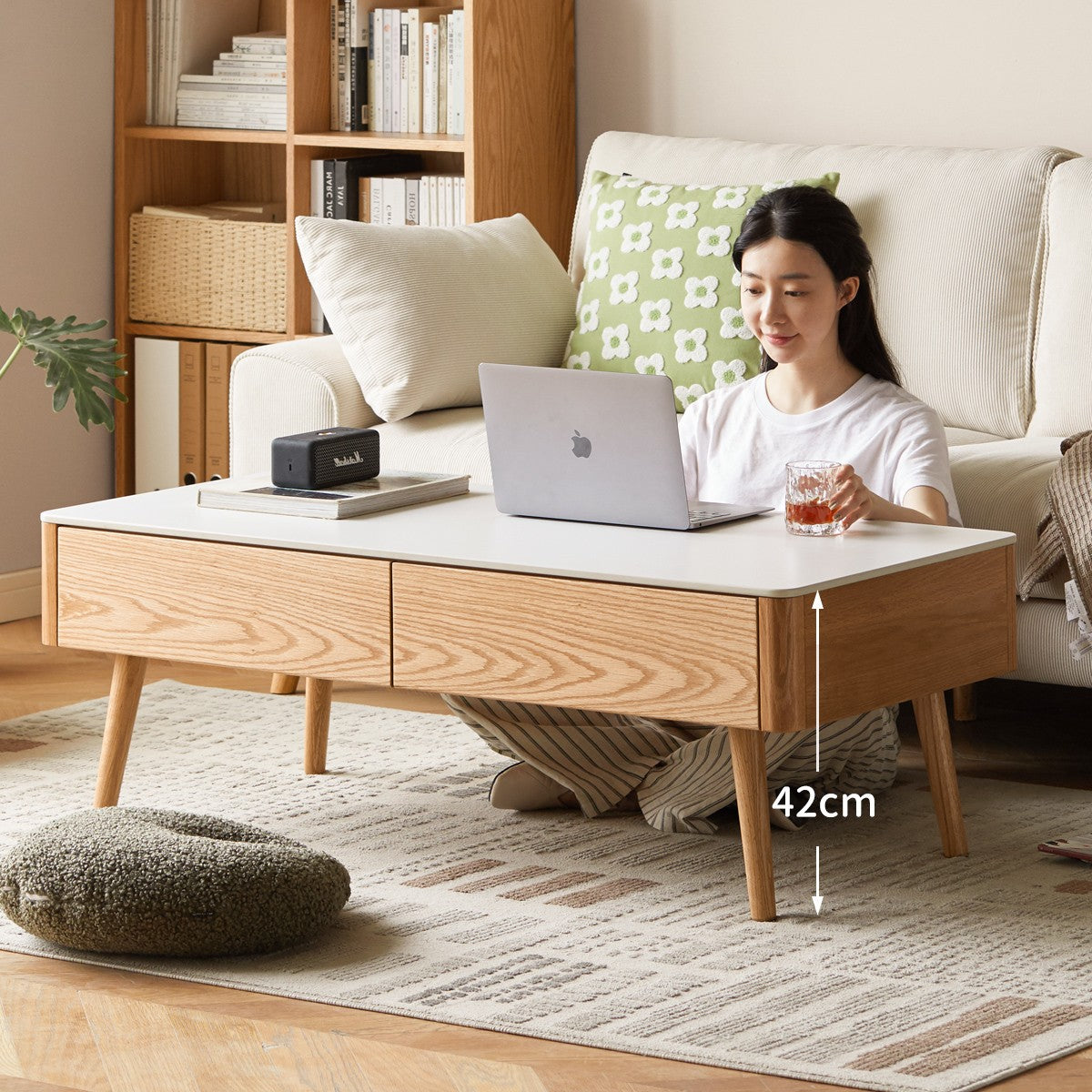Solid Oak & Beech Wood Slate Coffee Table - Modern Minimalist Design for Living Room, Lounge & Office