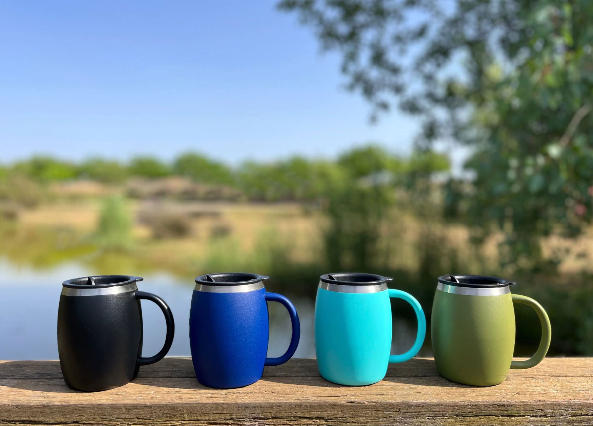 Premium Stainless Steel Insulated Coffee Mugs Set of 2 (14oz) - Double Wall Vacuum Insulated Travel Mugs with Leak-Proof Lid & Comfortable Handle - BPA-Free Hot & Cold Beverage Cups for Office, Camping, Hiking, and Commuting (Aqua Blue)