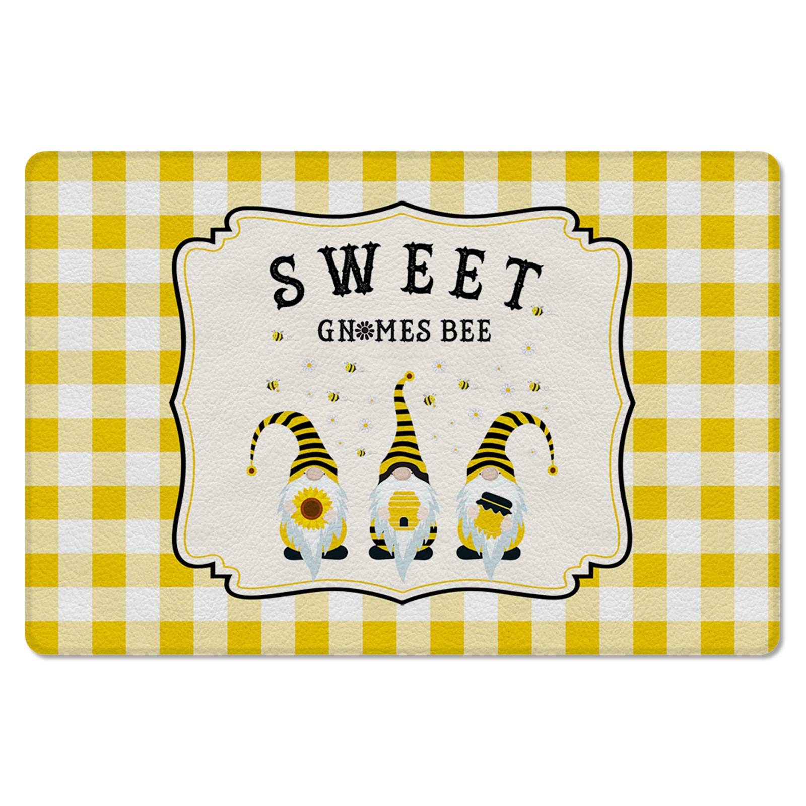 Anti Fatigue Kitchen Mat with Cushion - Sweet Gnome Bee & Daisy Design in Yellow Checker Plaid, Blue & White - Lightweight Faux Leather Doormat for All Seasons - 18
