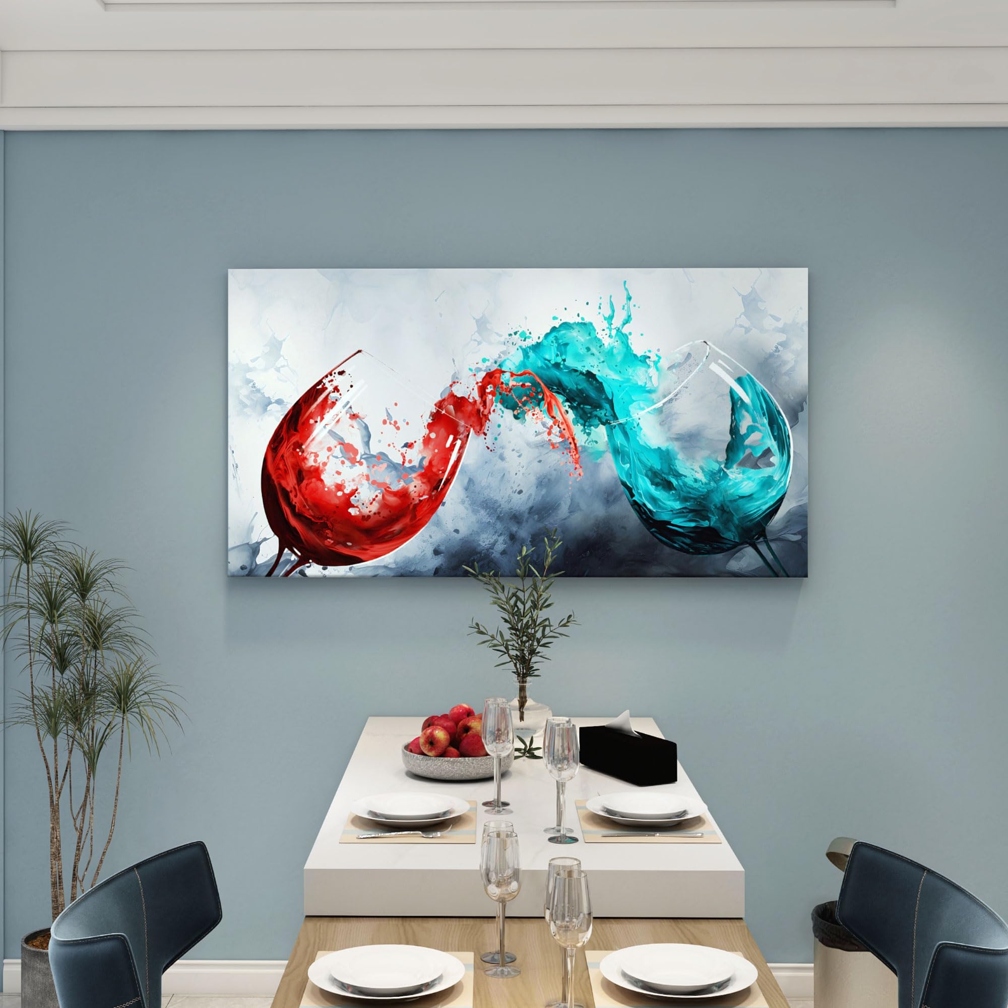 Modern Wine Glass Canvas Wall Art - Blue & Red Wine Cups Painting for Dining Room, Kitchen, Living Room & Office Decor - 29x58 Inch Large Wall Art - Perfect for Home, Restaurant & Bar Decor