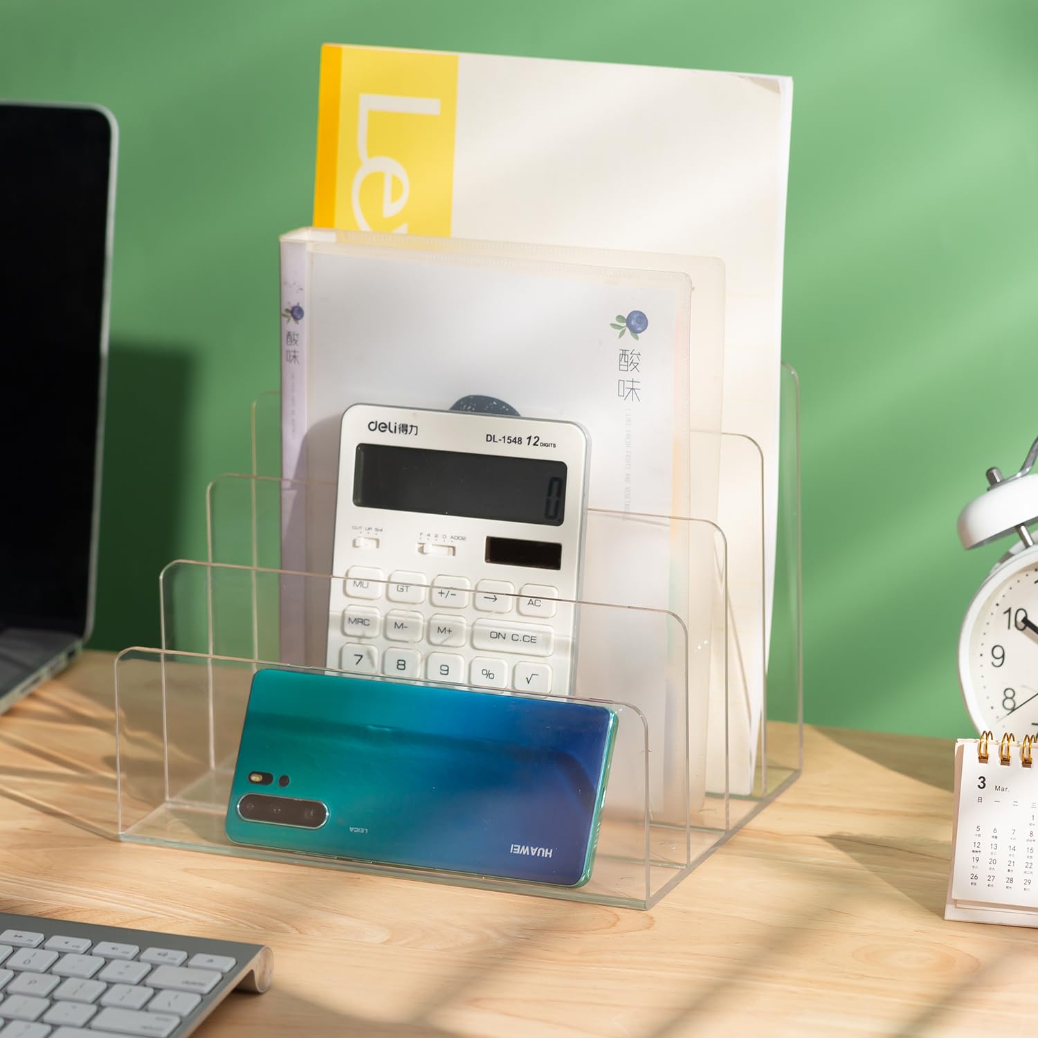 Sooyee 4-Section Acrylic Desk File Organizer - Letter, Document, Notebook & Binder Holder - Clear Countertop Mail Organizer for Home Office, Books & Purses - Perfect for Workspace, Study Desk & Craft Station Organization
