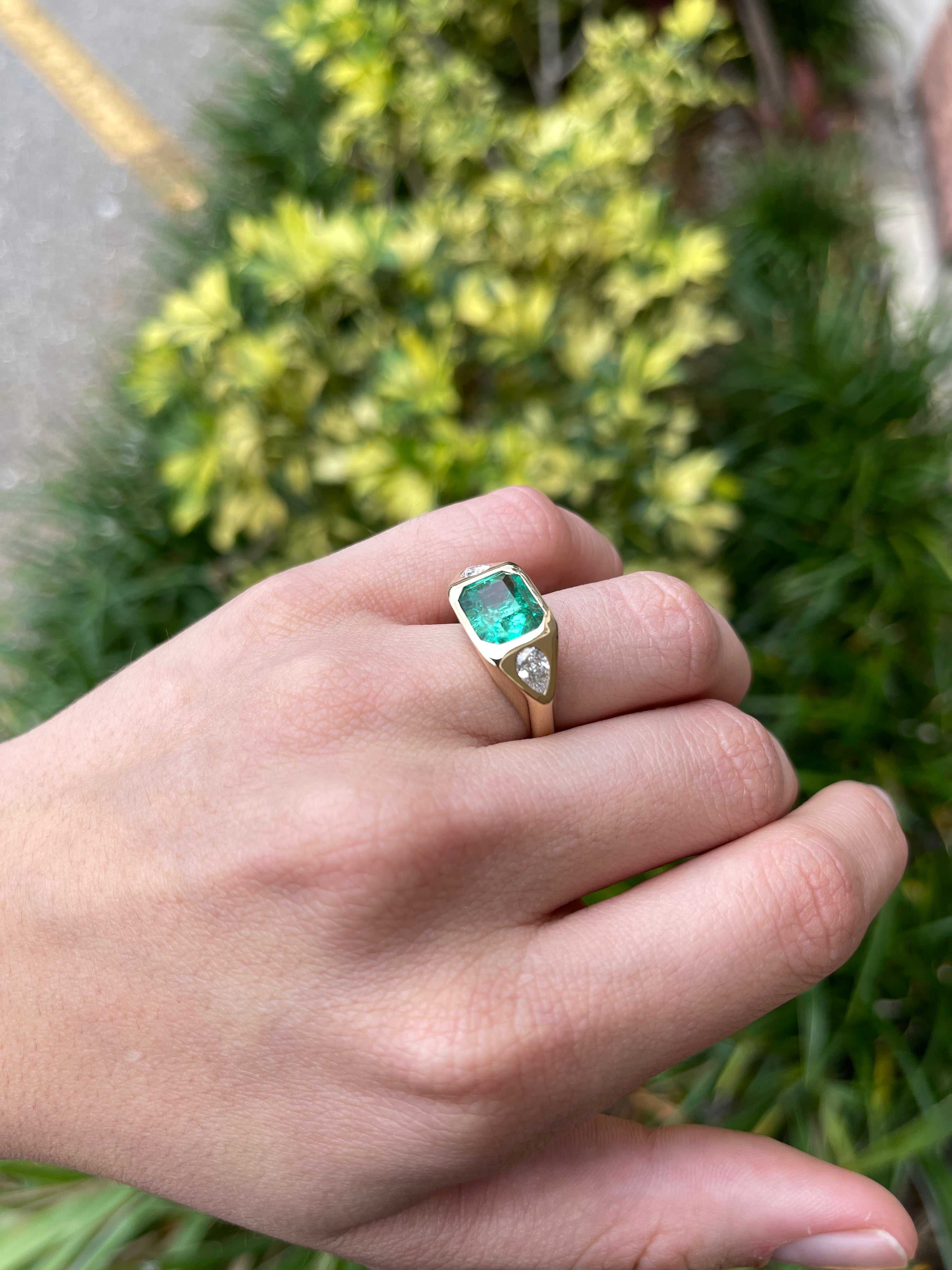 18K Gold Three Stone Emerald Cut Emerald & VVS Pear Cut Diamond Gypsy Ring - 4.62tcw AAA Quality for Engagement, Wedding & Anniversary Gifts