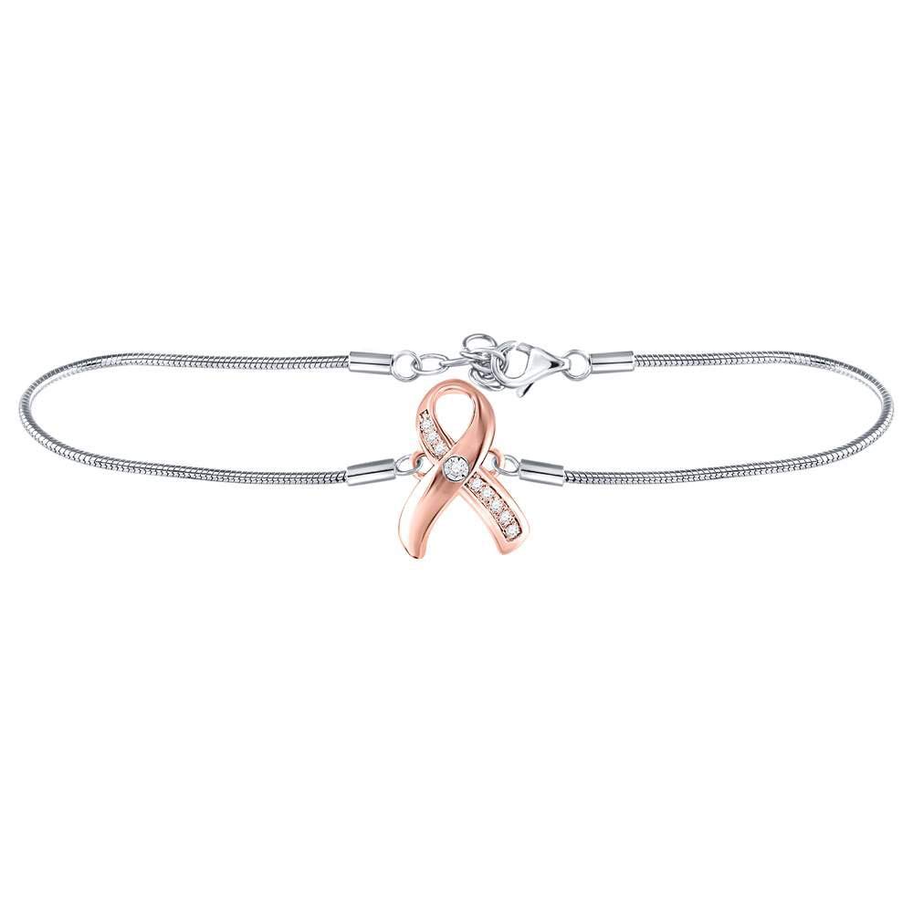Sterling Silver Women's Round Diamond Pink Awareness Ribbon Fashion Bracelet - 1/20 CTTW for Breast Cancer Support & Everyday Elegance