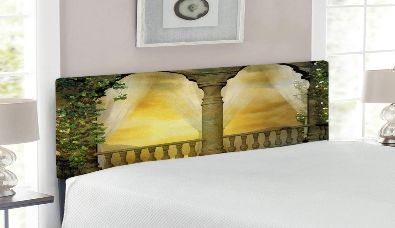 Ambesonne Floral Swirl Antique Design Upholstered Headboard - Queen Size Decorative Metal Bed Headboard with Memory Foam | Vintage Landscape Balcony Art Print | Perfect for Master Bedroom, Guest Room & Bohemian Home Decor