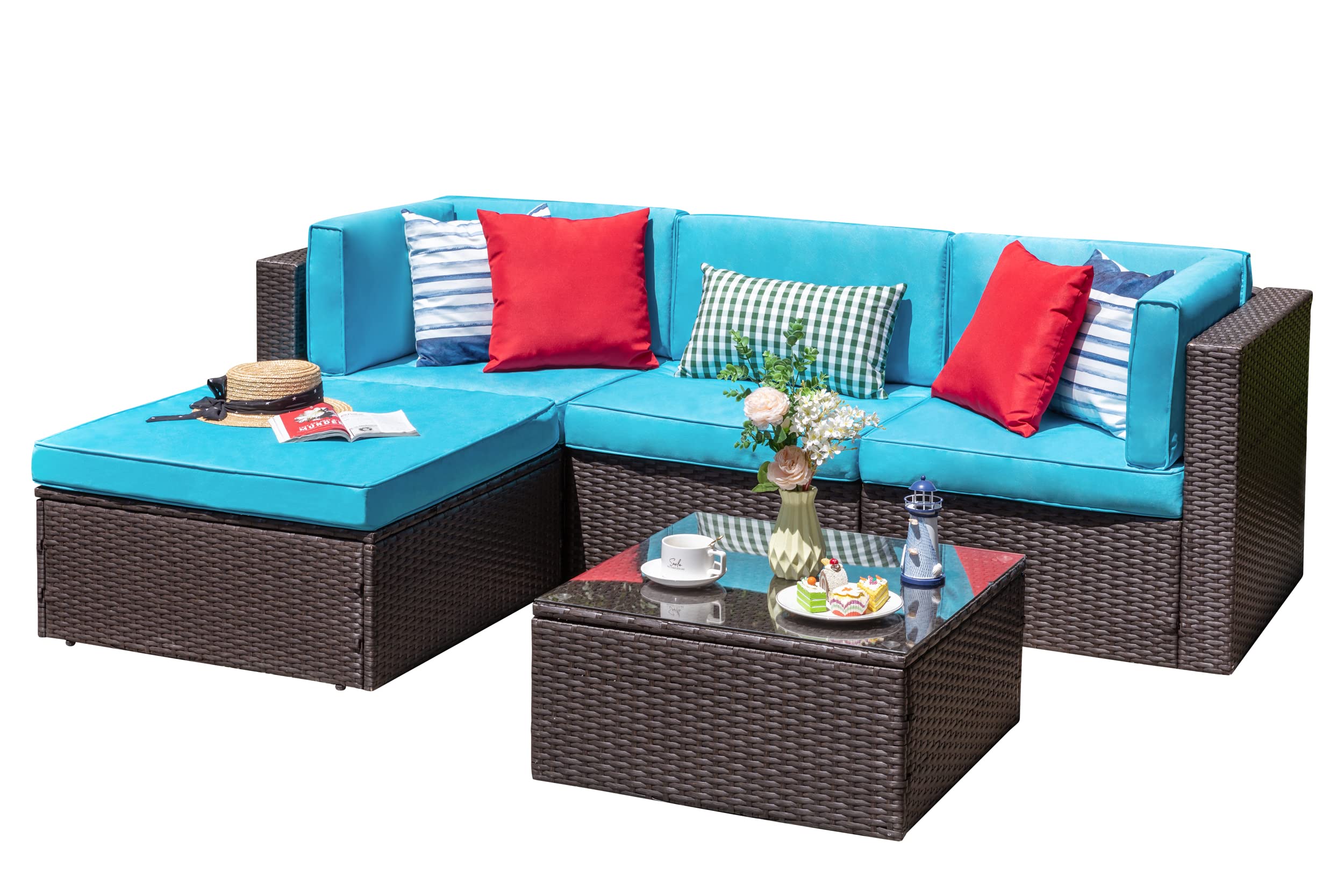 5-Piece All-Weather Brown PE Wicker Outdoor Patio Furniture Set - Sofa Sectional with Ottoman, Glass Coffee Table - Perfect for Garden, Backyard, Poolside & Small Balcony Conversations