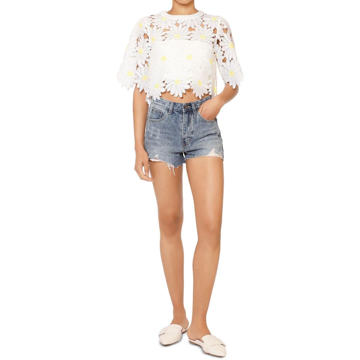 GRACIA Women's Distressed Denim Shorts with Zipper Pockets & Raw Hem - Casual Blue High Waisted Jean Shorts for Summer Outfits, Beach, and Street Style