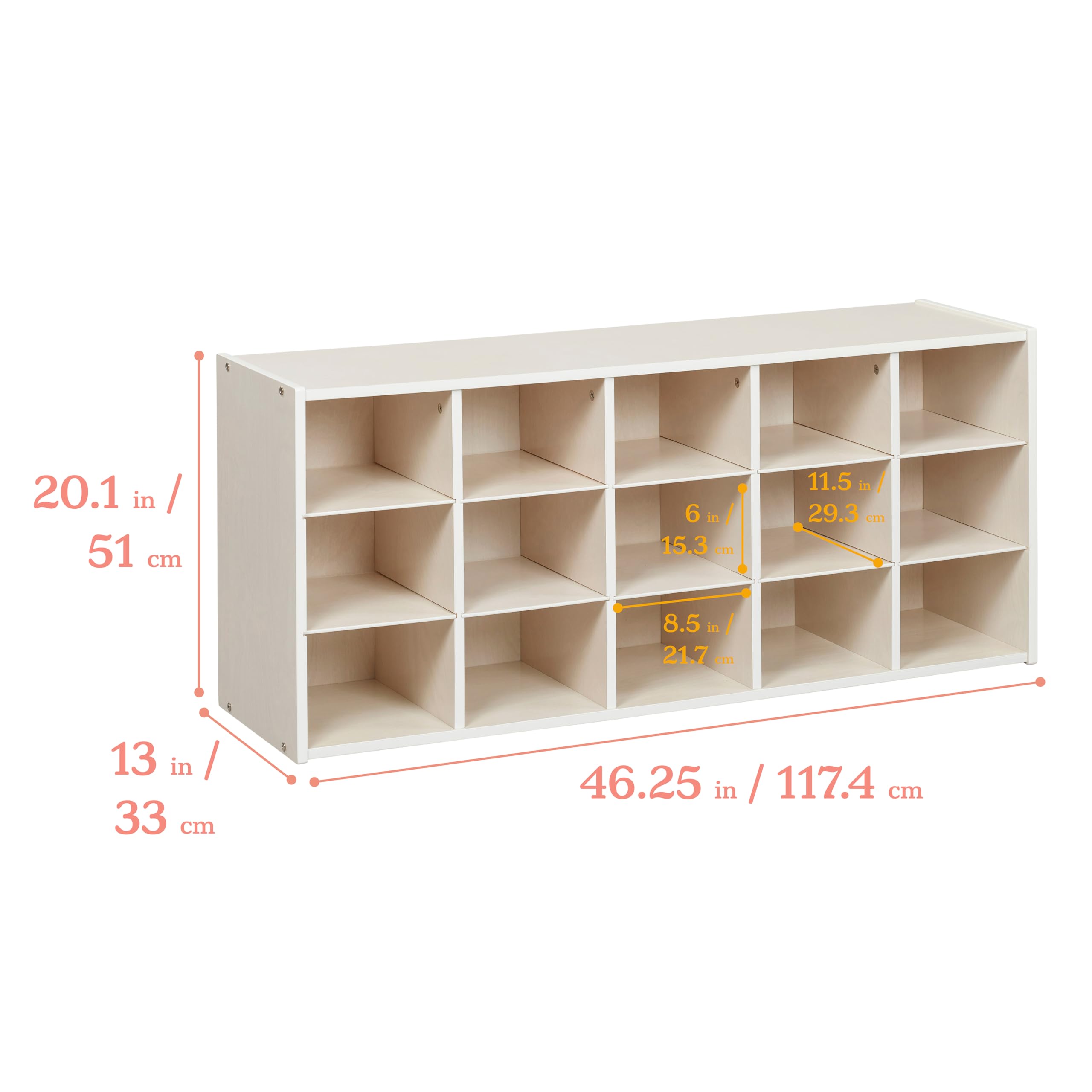 ECR4Kids 15-Cubby Storage Cabinet with Trays, 3x5 Organizer for Classroom, School, or Home - White Wash Finish - Perfect for Toys, Books, and School Supplies Storage