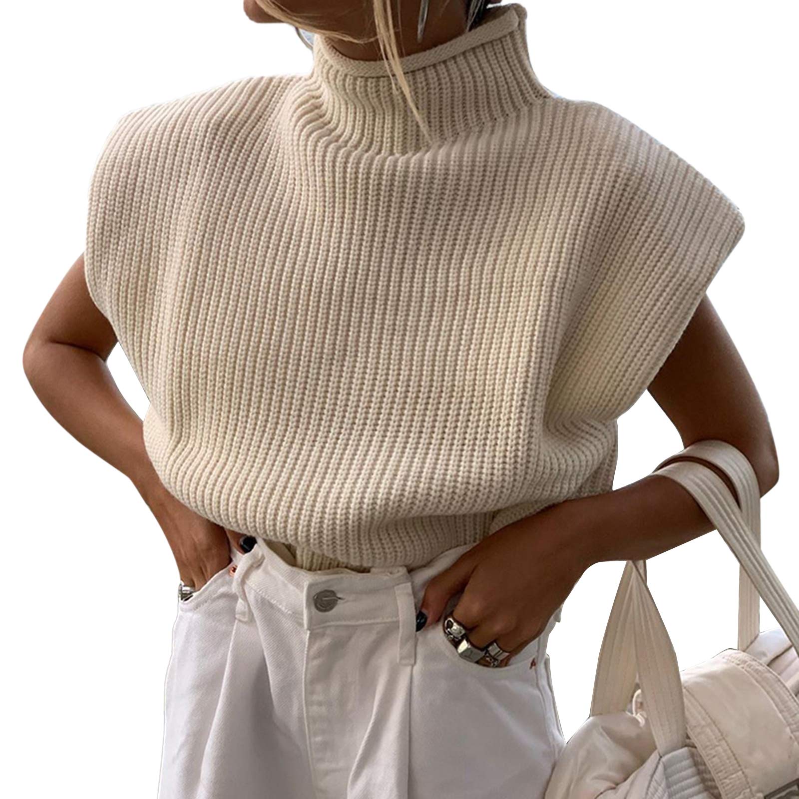 Women's Knit Sweater Vest - Sleeveless Turtleneck Pullover with Shoulder Pads | Solid Color Knitted Jumper Top for Office Wear, Layering & Fall Fashion