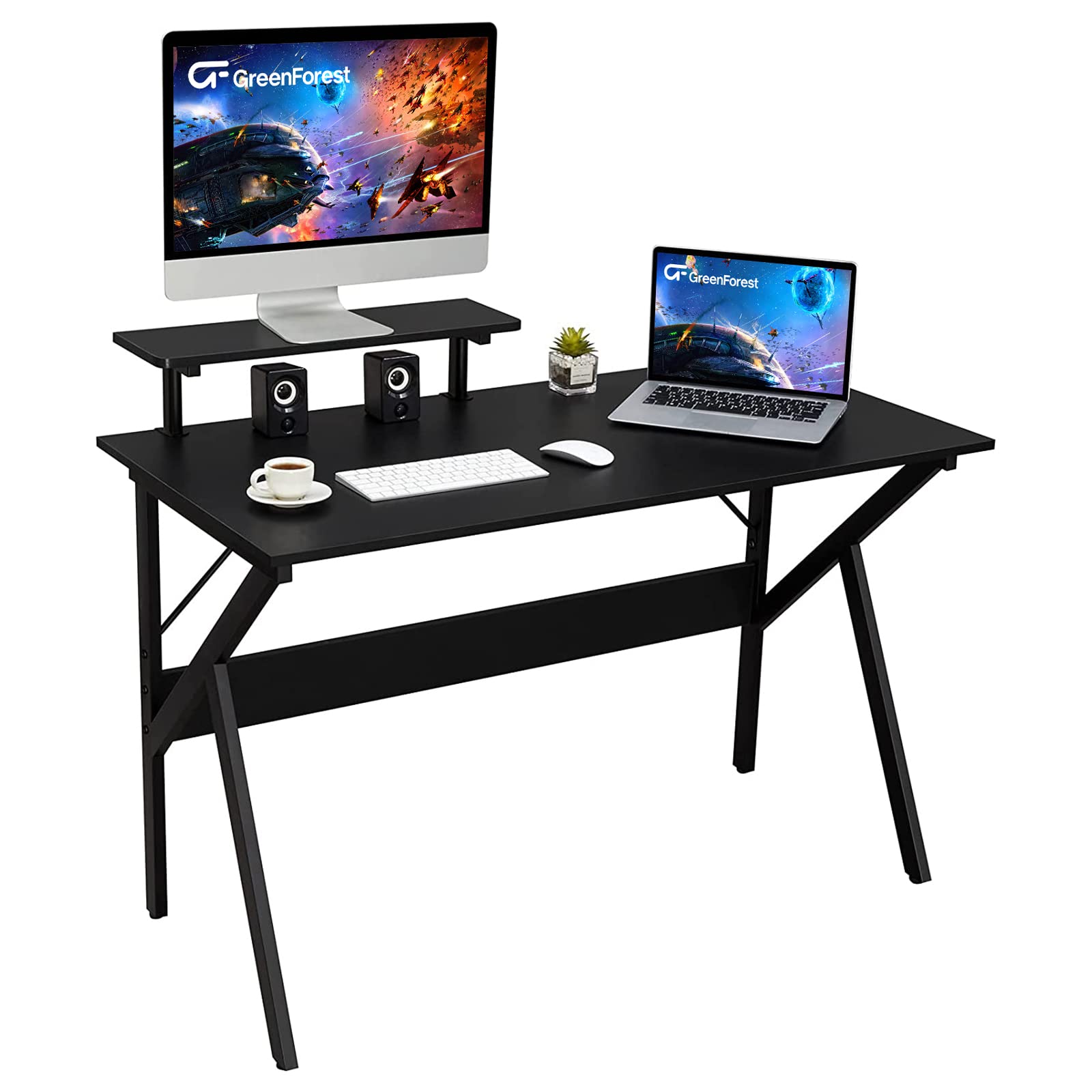 GreenForest 47-inch Home Office Desk with Monitor Shelf - Ergonomic Computer Gaming Desk, Study Writing Table for Workstation (Black) - Perfect for Small Spaces & Remote Work Setup