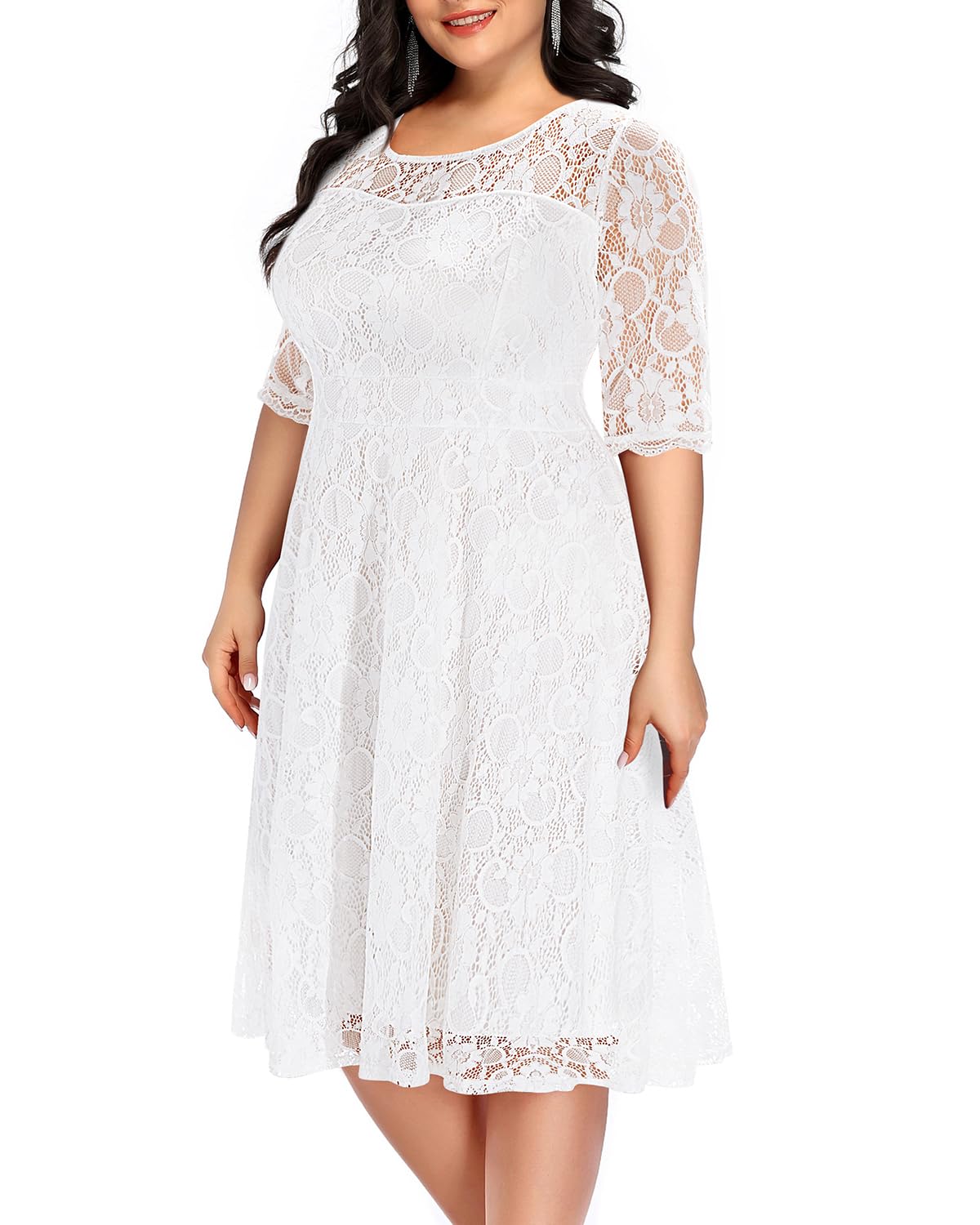 Plus Size Lace V-Neck Midi Dress for Women - Elegant Wedding Guest & Bridal Shower Cocktail Party Attire - Perfect for Semi-Formal Occasions, Date Nights & Special Events