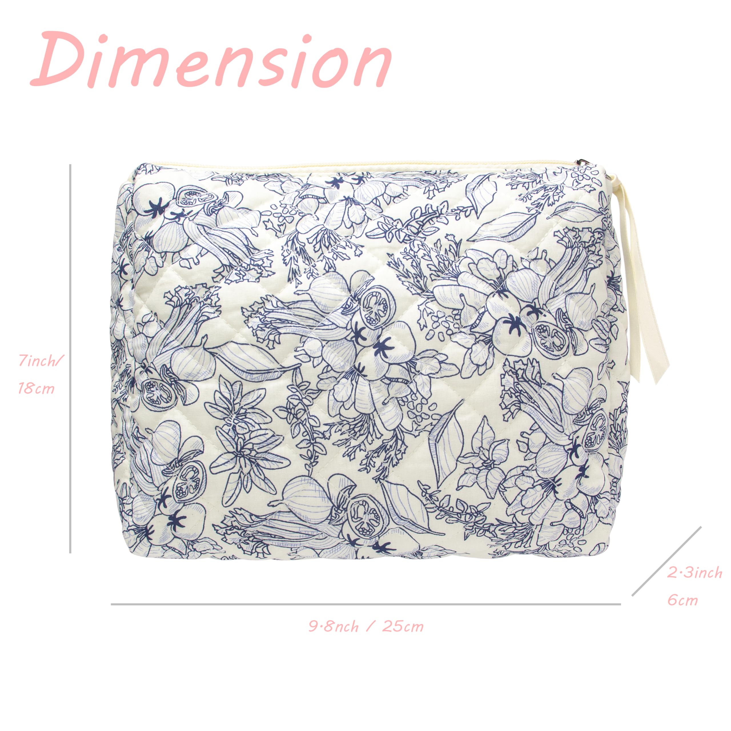 PAZIMIIK Large Quilted Cotton Makeup Bag for Women - Travel Cosmetic Organizer Pouch with Floral Design (White) - Perfect for Travel, Gym & Daily Beauty Essentials Storage