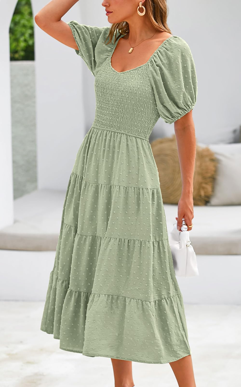 PRETTYGARDEN Women's Elegant Puff Sleeve V-Neck Swiss Dot Chiffon Maxi Dress - High Waist Tiered Smocked Design for Spring 2025 | Perfect for Weddings, Garden Parties & Summer Vacations