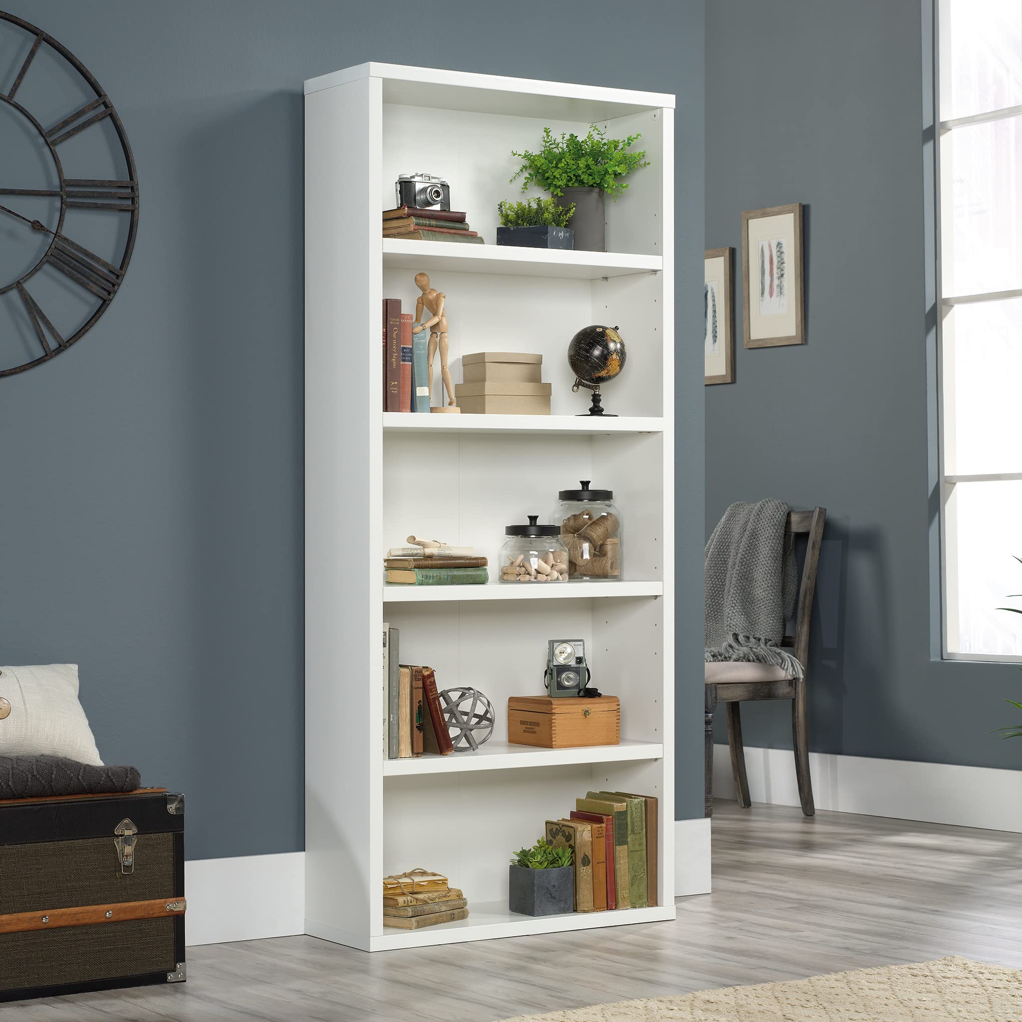 Sauder 5-Shelf Bookcase for Living Room, Home Office & Bedroom - Soft White Finish Storage Shelf for Books, Decor & Organizing