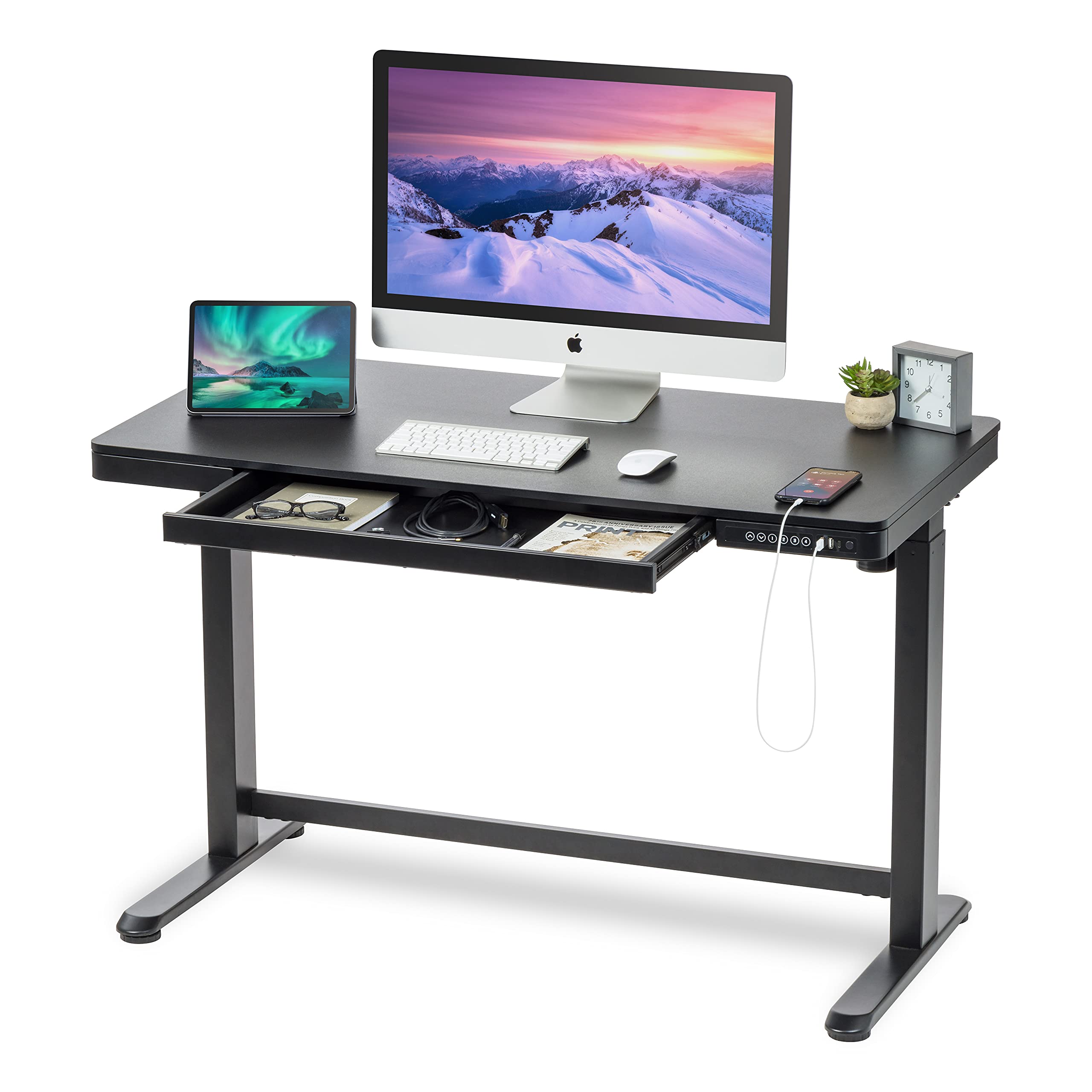 IRIS USA 48 x 24 Inch Electric Height Adjustable Standing Desk - Sit Stand Computer Desk for Home Office with Drawer, USB & USB-C Ports, Matte Top - Safe for Pets & Kids (Perfect for Remote Work, Gaming & Study)