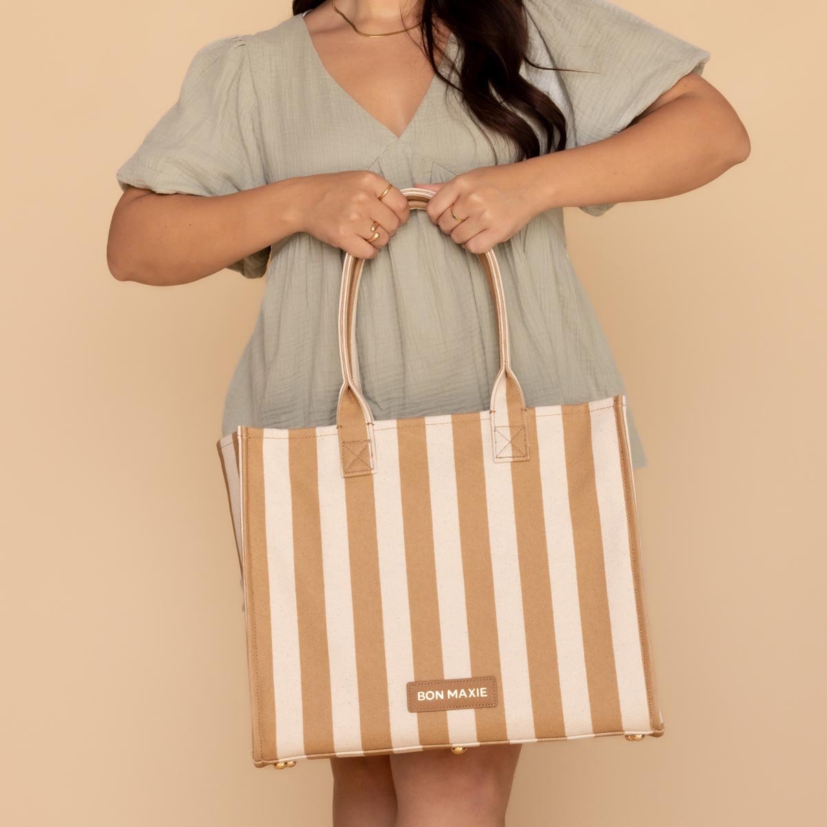 Stylish Large Bon Vivant Structured Tote Bag in Tan Stripe - Perfect for Work, Travel & Everyday Use