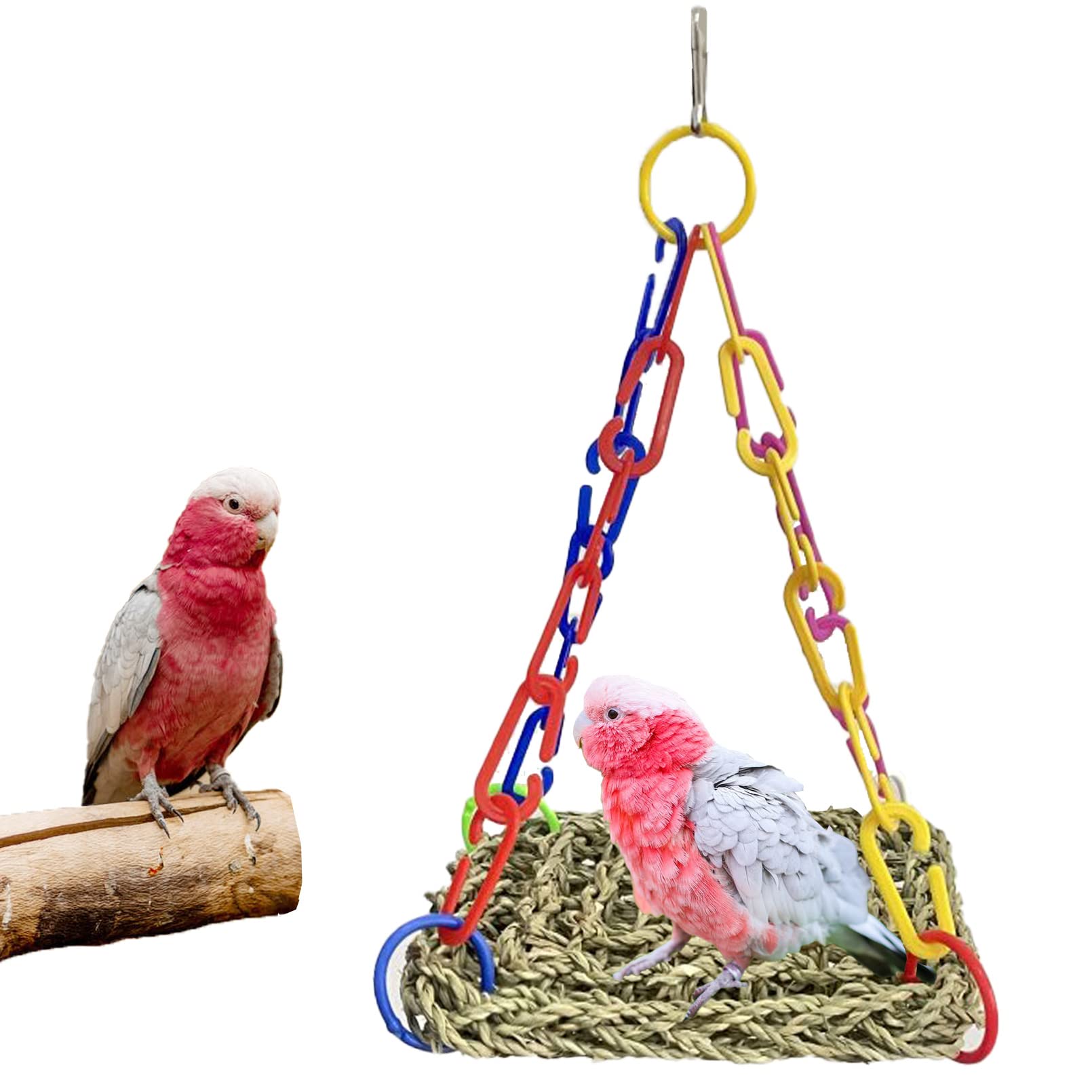 Natural Seagrass Woven Parrot Hammock Swing - Chewable Foraging Toy for Lovebirds, Parakeets & Small Birds - Colorful Wall Hanging Climbing Pad & Rocking Play Mat - Perfect for Cage Enrichment & Playtime
