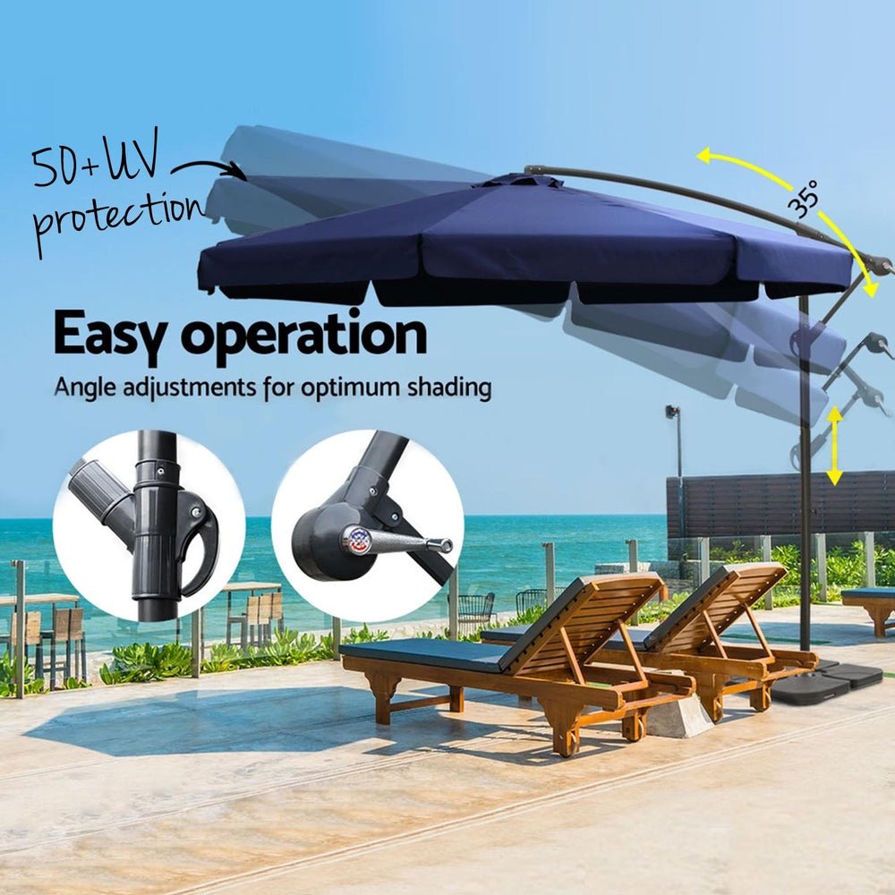 3M Outdoor Umbrella with Base - Cantilever Garden, Beach, Patio Umbrella in Navy Blue | Perfect for Backyard, Poolside, and Outdoor Dining Shade
