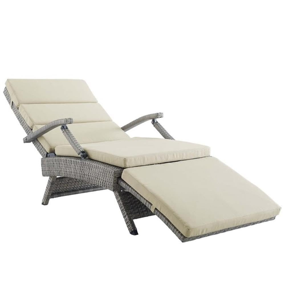 Pemberly Row Modern Wicker Rattan Patio Lounge Chair - Beige Outdoor Furniture for Poolside, Garden, and Backyard Relaxation