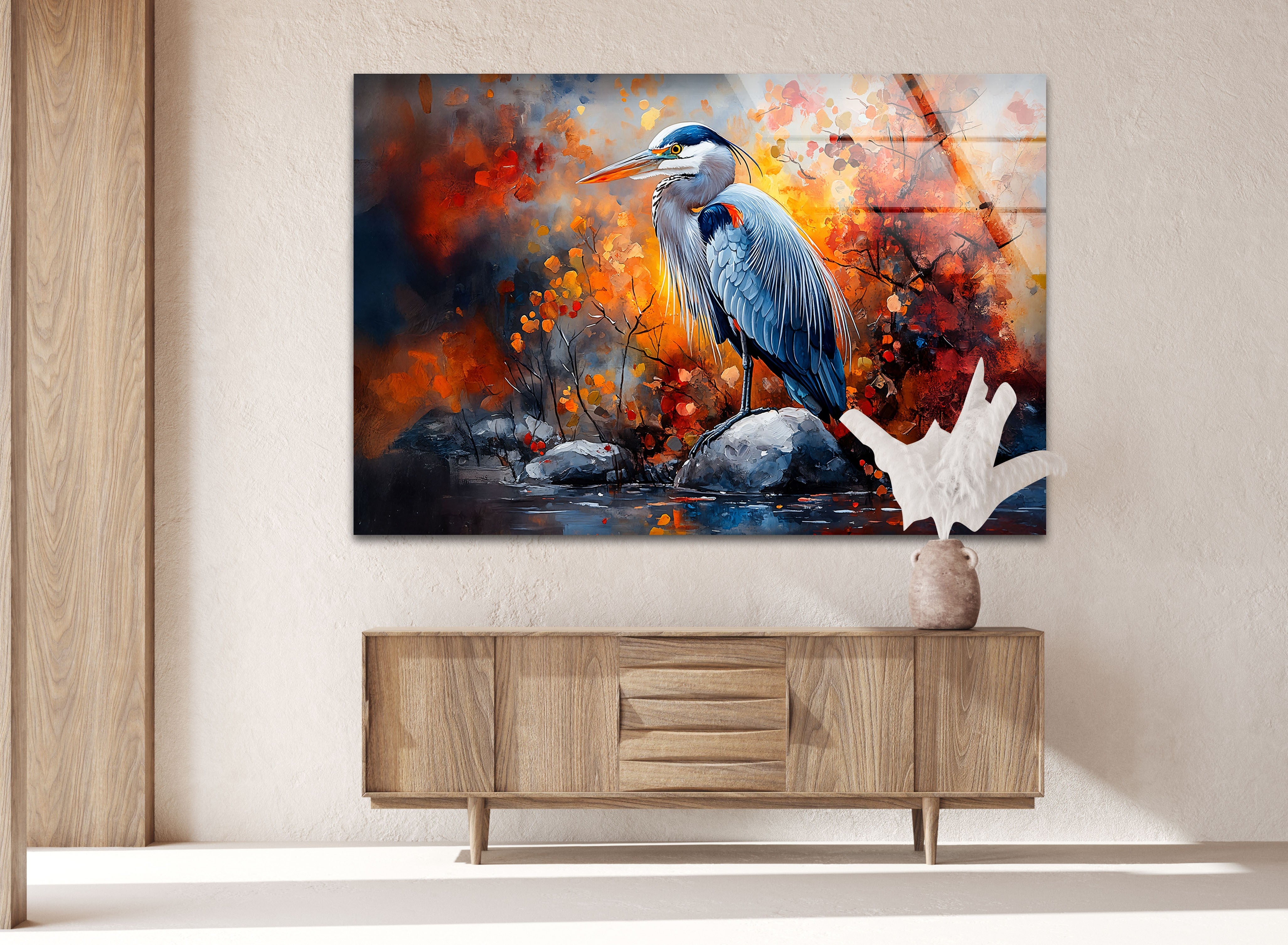 Autumn Majesty - Heron in Fiery Foliage Glass Wall Art Decor | Stunning Nature-Themed Home & Office Decoration | Perfect for Living Room, Bedroom or Gift
