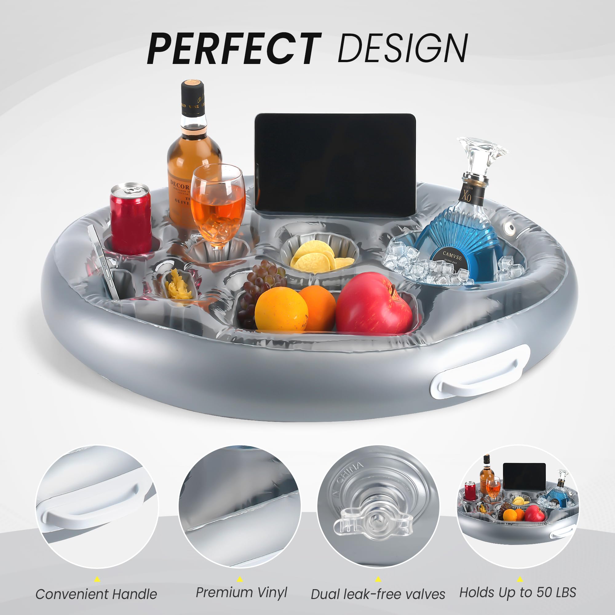 Inflatable Floating Drink Holder for Pool & Hot Tub - Silver | Adult Pool Accessories | Drink Floaties for Swimming, Relaxing & Parties | Perfect for Summer BBQs, Beach Days & Backyard Lounging