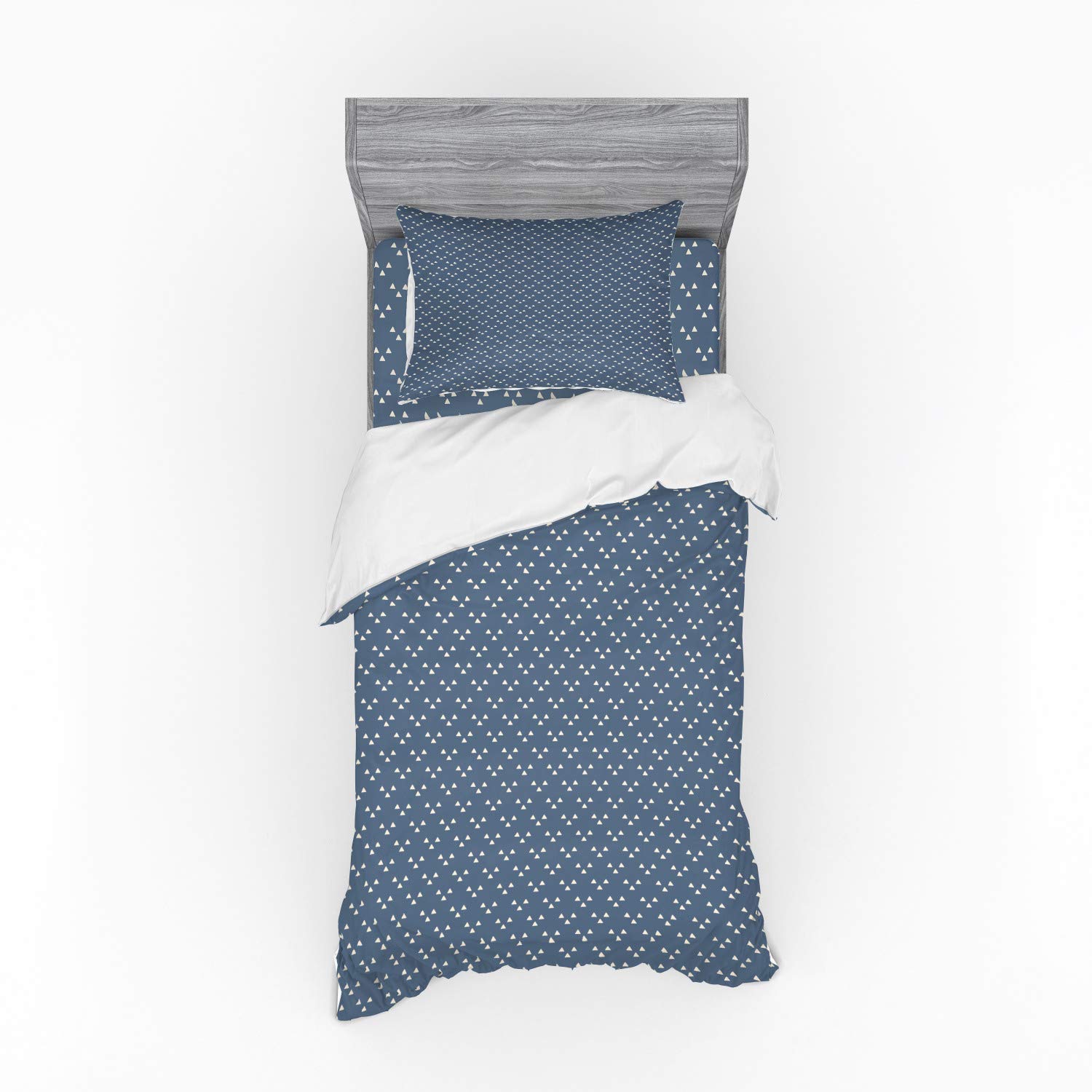 Ambesonne Scandinavian Geometric Bedding Set - Twin Size 3 Piece Duvet Cover with Sham & Fitted Sheet, Night Blue White Triangle Pattern - Modern Minimalist Bedroom Decor for Teens & Adults