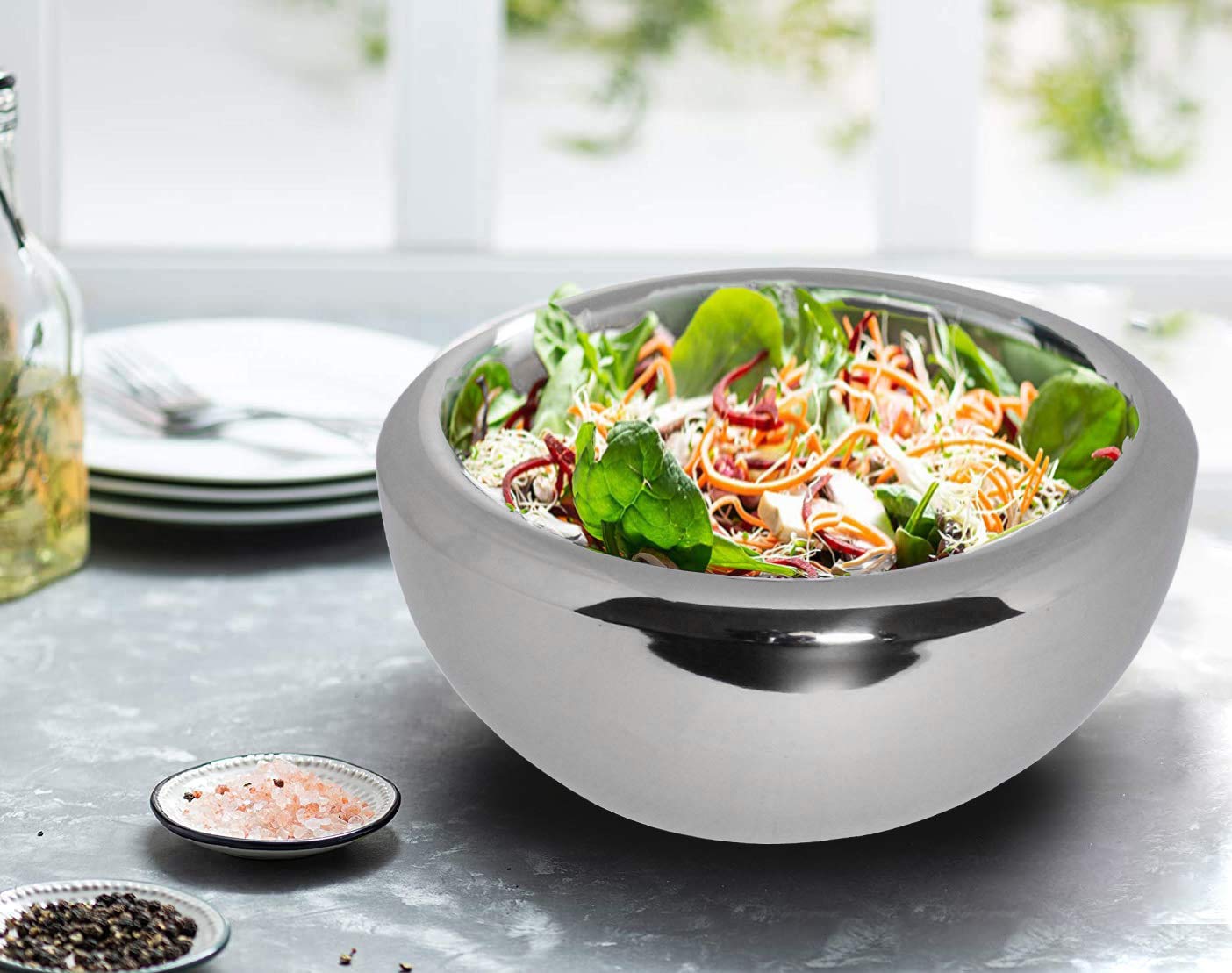 Premium Stainless Steel Salad Bowl with Double Walled Design - Ideal for Chopping, Mixing & Serving Pasta, Snacks, Fruits - Perfect for Parties, Weddings, Restaurants & Commercial Use - 1.5 Gallon Capacity - Great for Entertaining, Meal Prep & Professional Kitchens