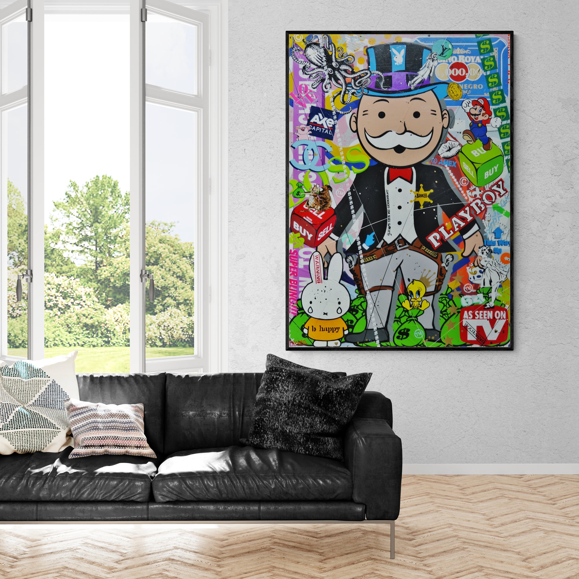 100cm x 140cm Monopoly Man Textured Urban Pop Art Spray Paint Canvas - Modern Wall Decor for Living Room, Office & Game Room