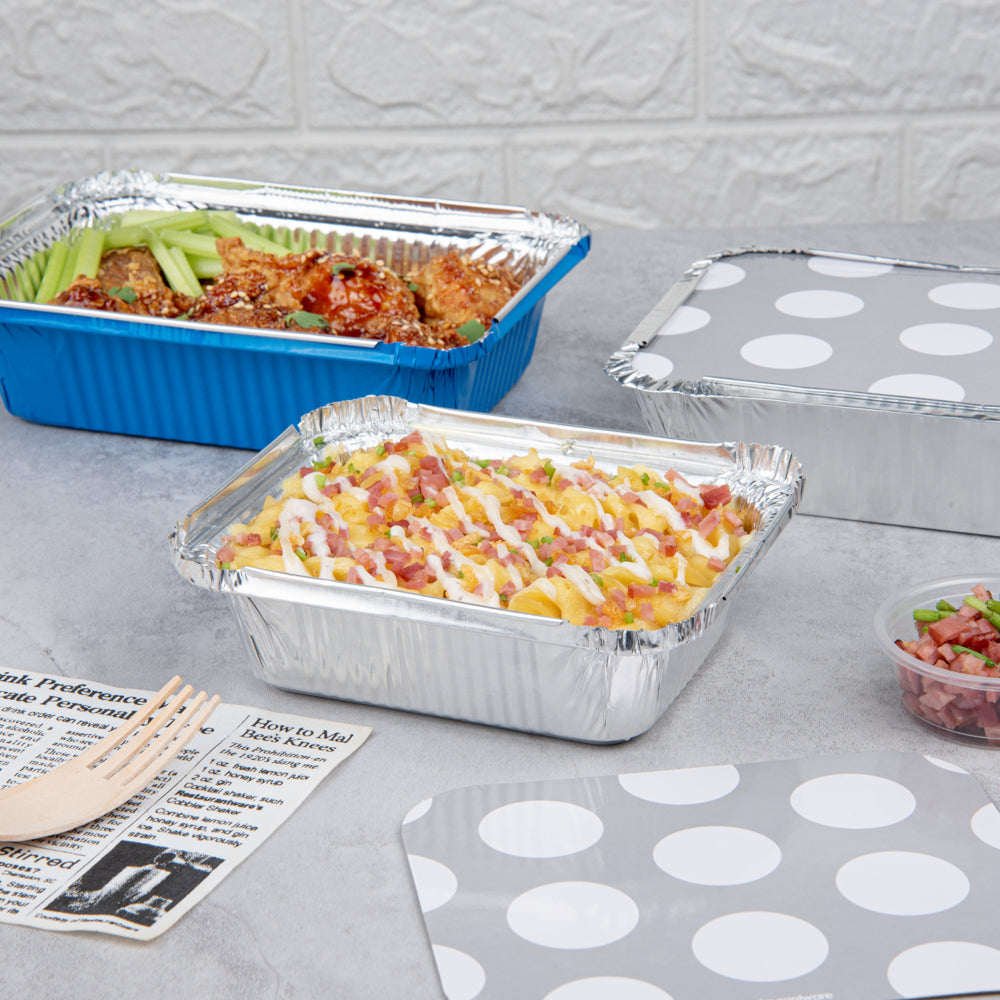 12 oz Rectangle Silver Aluminum Takeout Containers with Polka Dot Paper Lids - 5.75