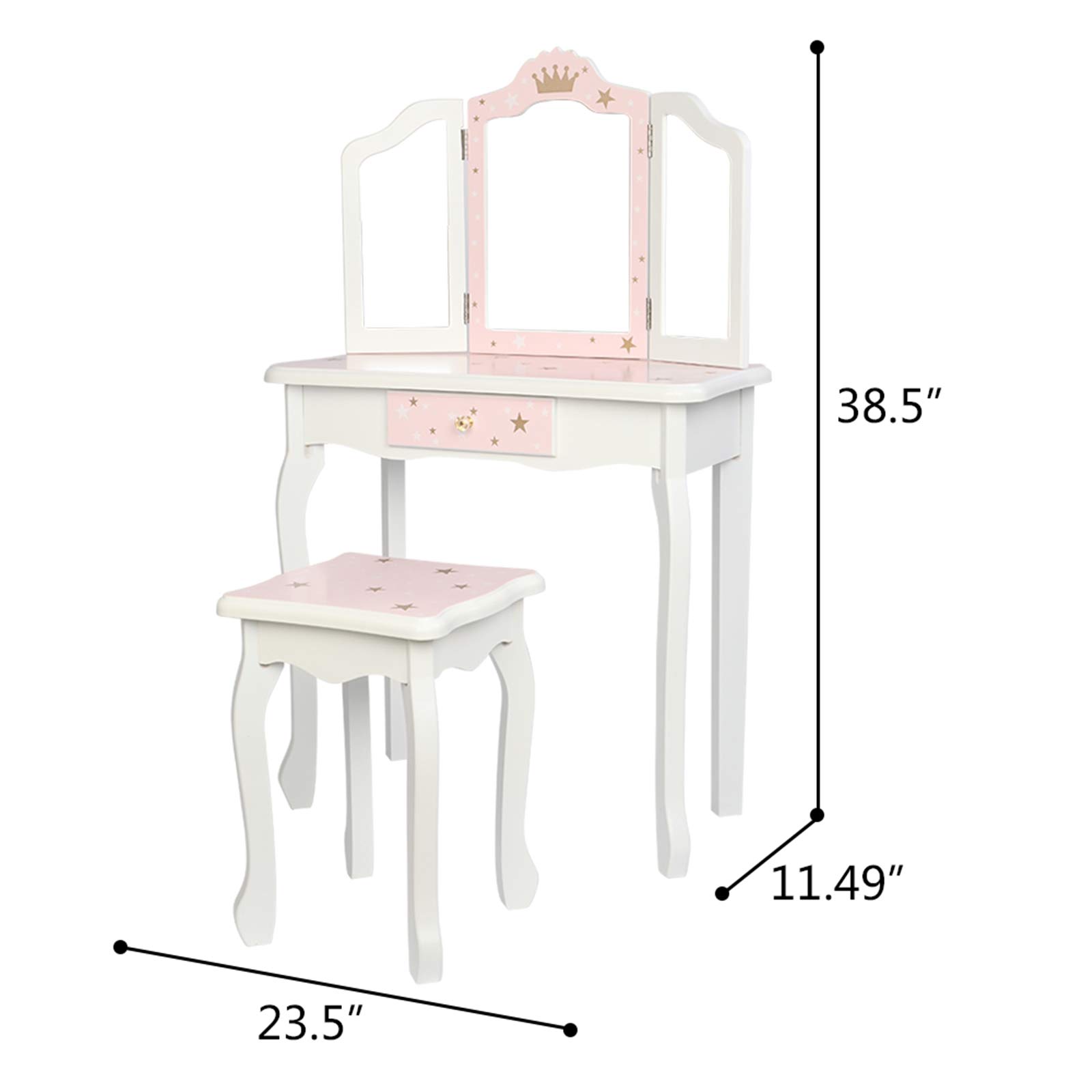Pink Princess Vanity Set for Girls - Wooden Makeup Table & Chair with Tri-Fold Mirror & Drawers - Kids Dressing Table for Bedroom Decor (Pink Star Style) - Perfect for Birthday Gifts, Pretend Play & Room Makeover