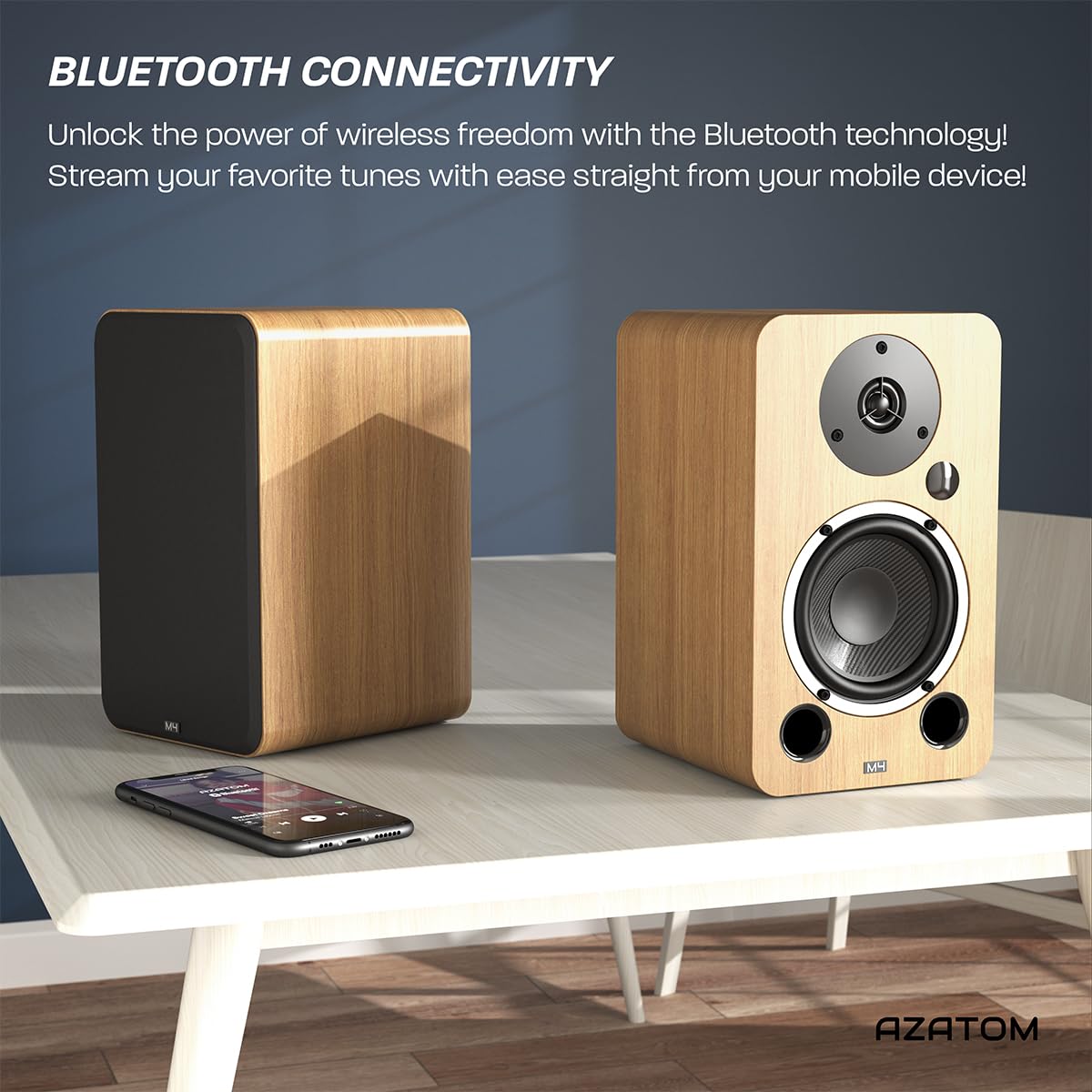 AZATOM Equinox 2 M4 Powered Bookshelf HiFi Speakers - 2.0 Active Bluetooth/Wired Wooden Enclosure (80W, Oak) - Perfect for Music, Home Theater, Gaming, Vinyl Records, PC & Laptop Audio - Ideal for Living Rooms, Home Offices & Entertainment Spaces