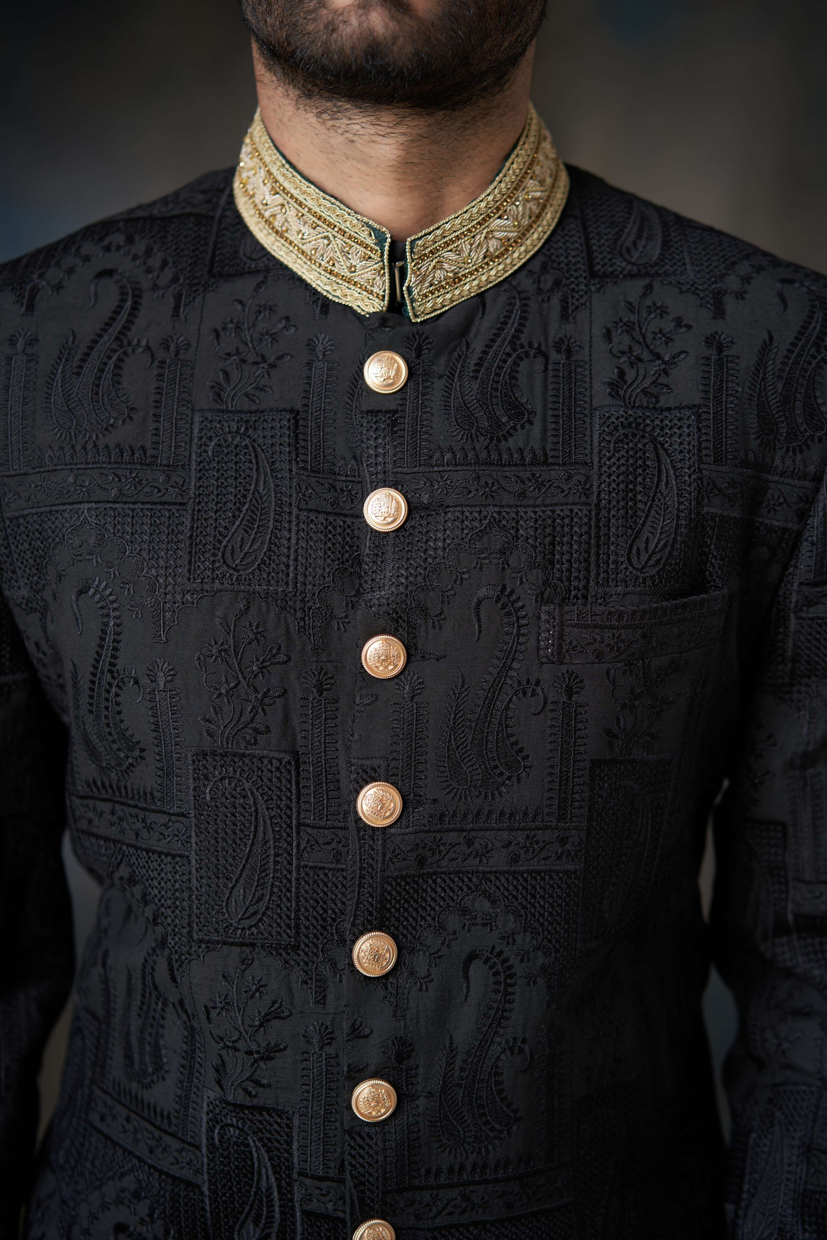 Elegant Black Thread Embroidered Silk Sherwani with Zardozi Adornments | Premium Indian Wedding Attire for Grooms | Perfect for Weddings, Festivals & Special Occasions