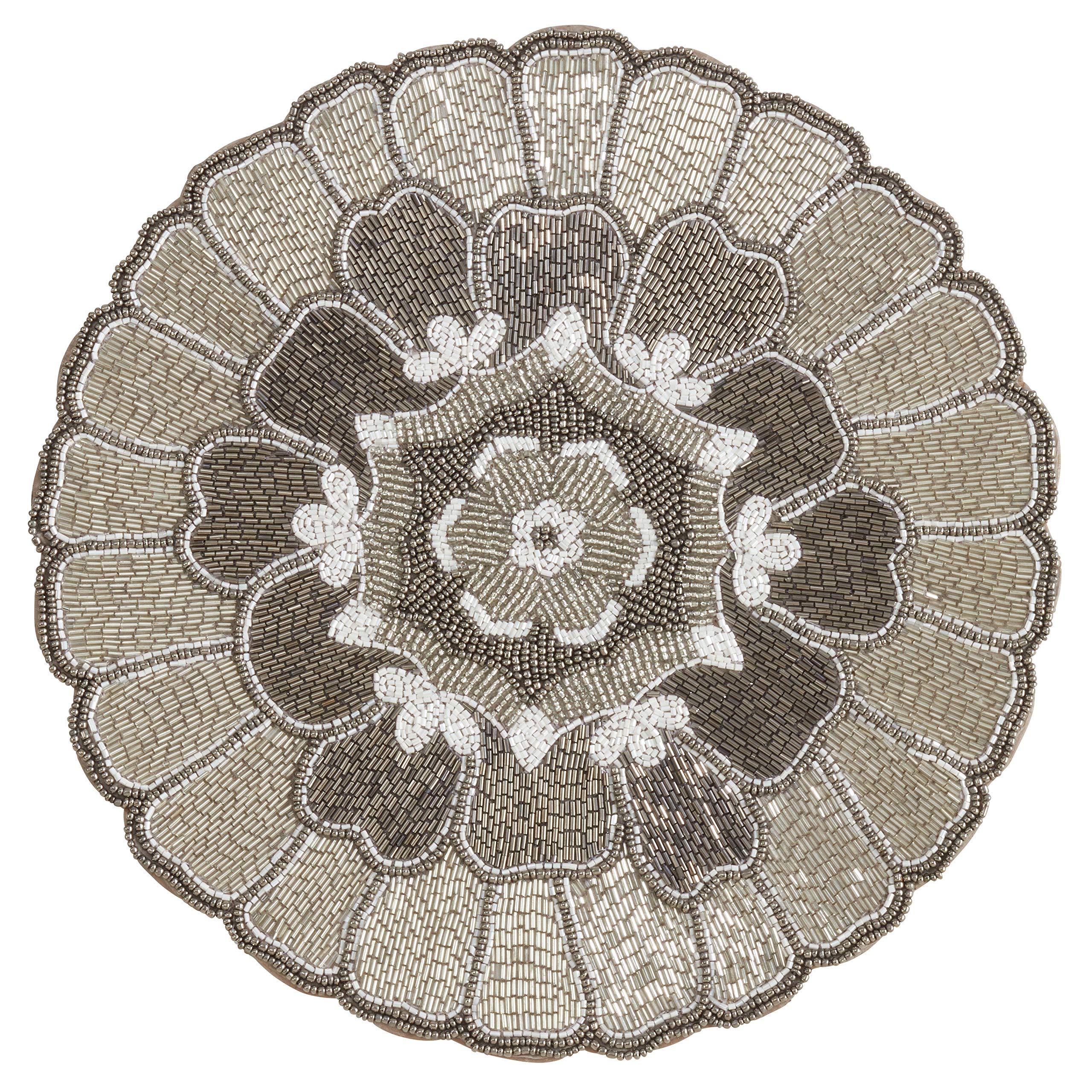 SARO LIFESTYLE Sophia Collection Floral Design Beaded Placemats Set of 4 - 14 Inch Silver Round Table Mats for Dining Table Decor, Wedding, Party & Home Decor