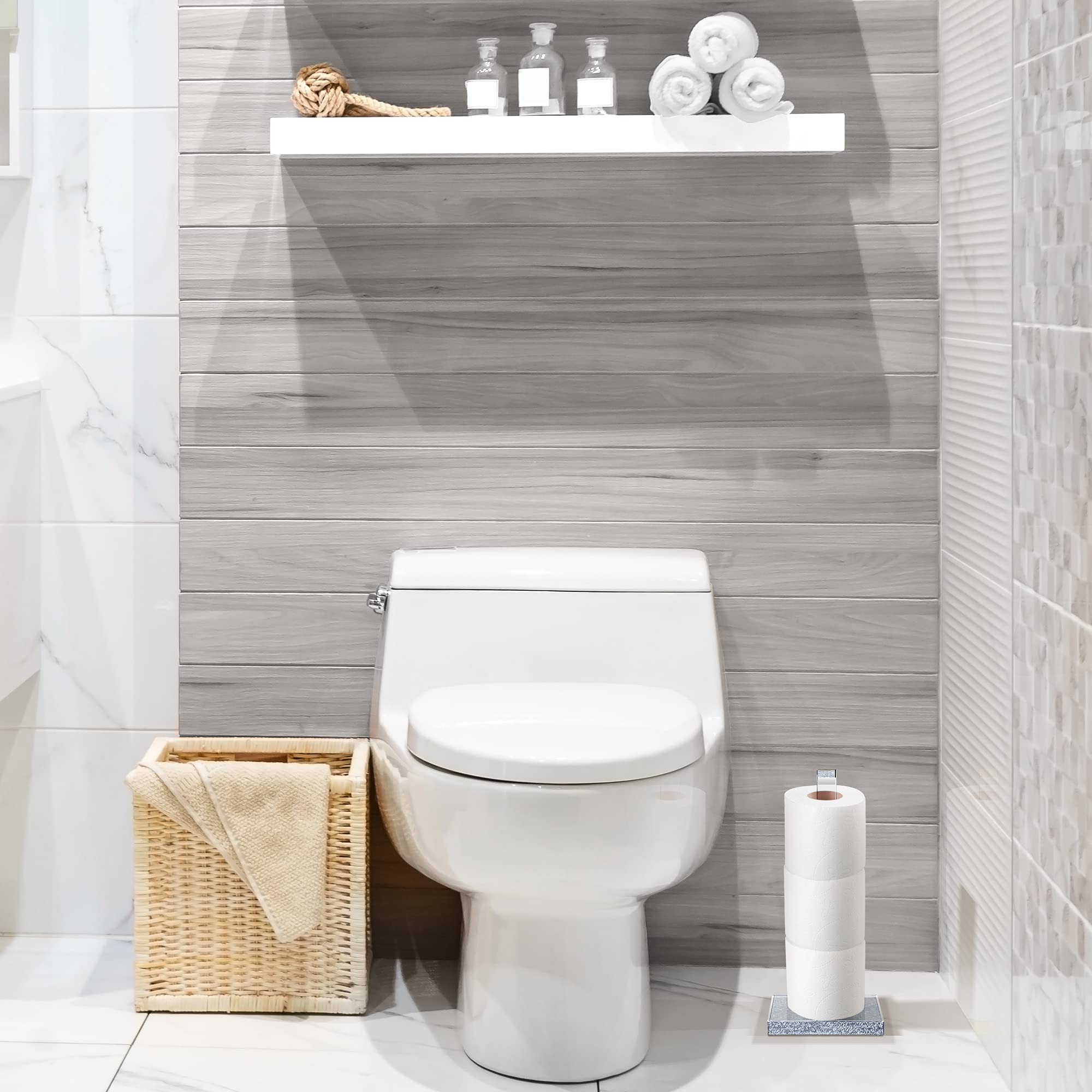 Elegant Acrylic Paper Towel Holder Stand & Toilet Paper Holder with Silver Base & Clear Stem - Modern Kitchen, Bathroom & Office Decor for All Brand Rolls up to 12.5