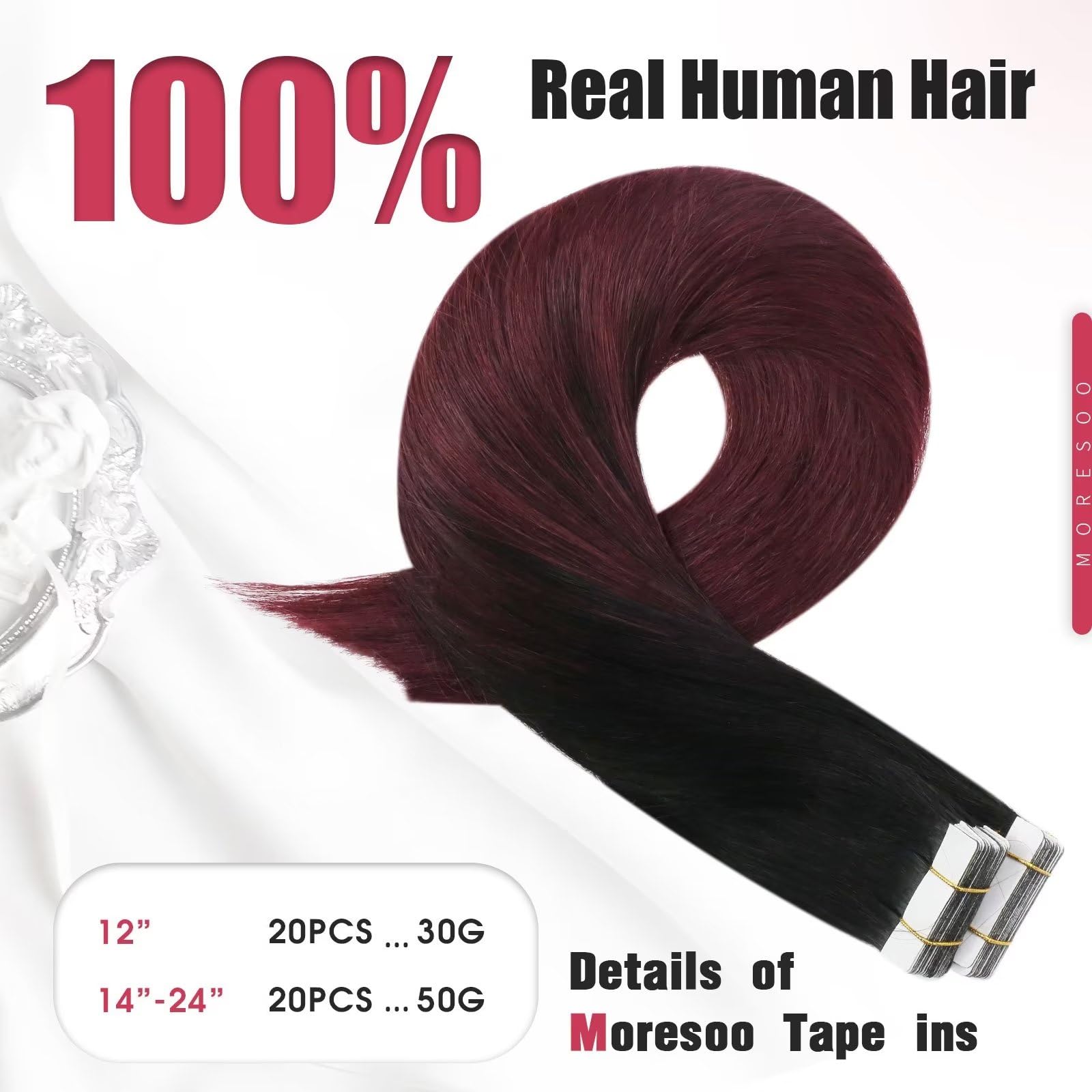 Premium Moresoo Burgundy Tape-In & Clip-In Hair Extensions - 20pcs/50g + 7pcs/120g Balayage Black to Red Wine Human Hair Bundle for Length & Volume | Perfect for Parties, Weddings & Daily Styling